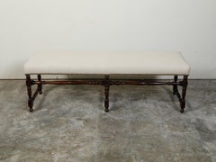 French 1890s Walnut Bench with Turned Base and New Linen Upholstery
