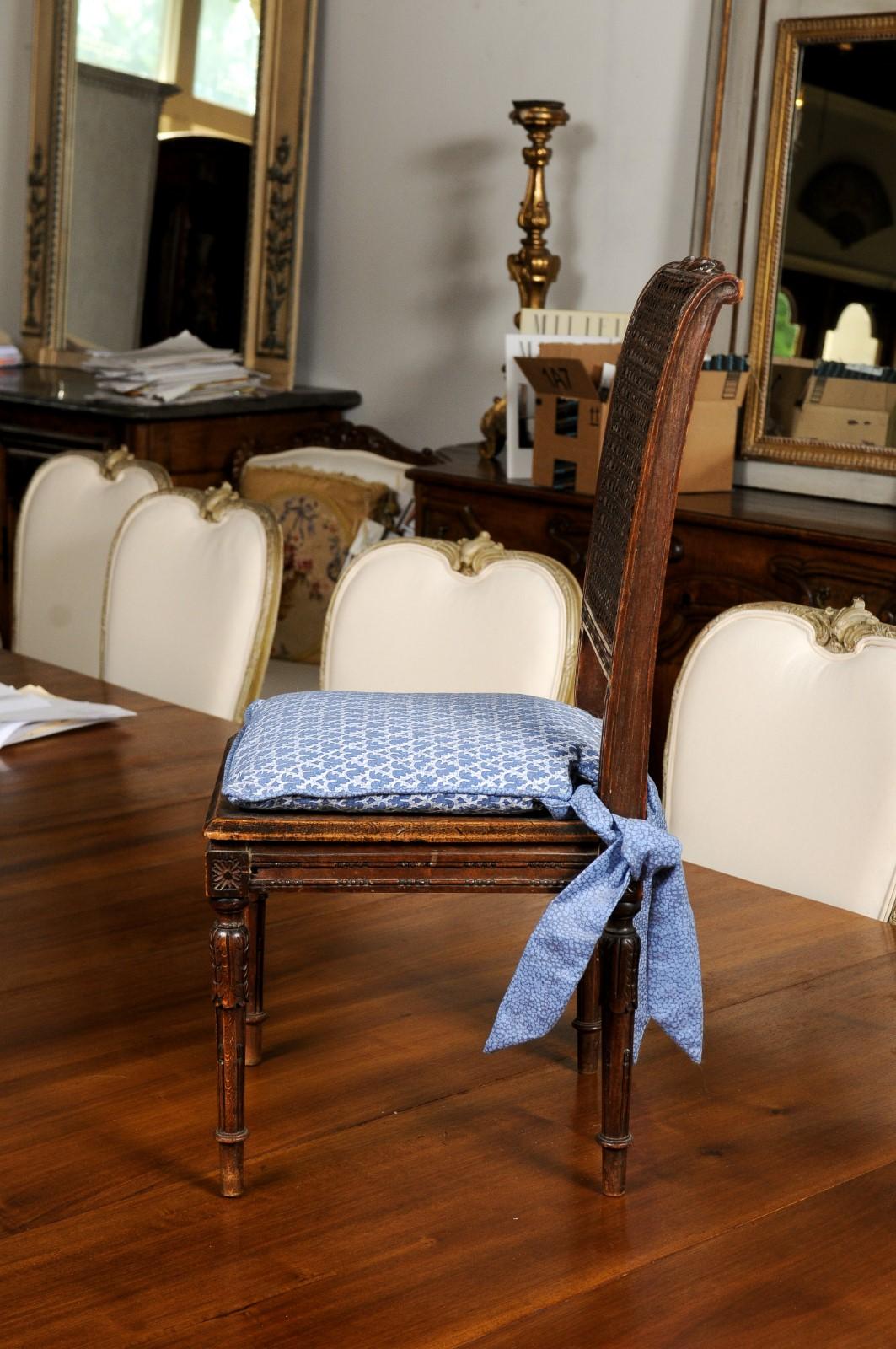 French 1890s Walnut Child's Chair with Cane Accents and Blue Upholstered Cushion 4