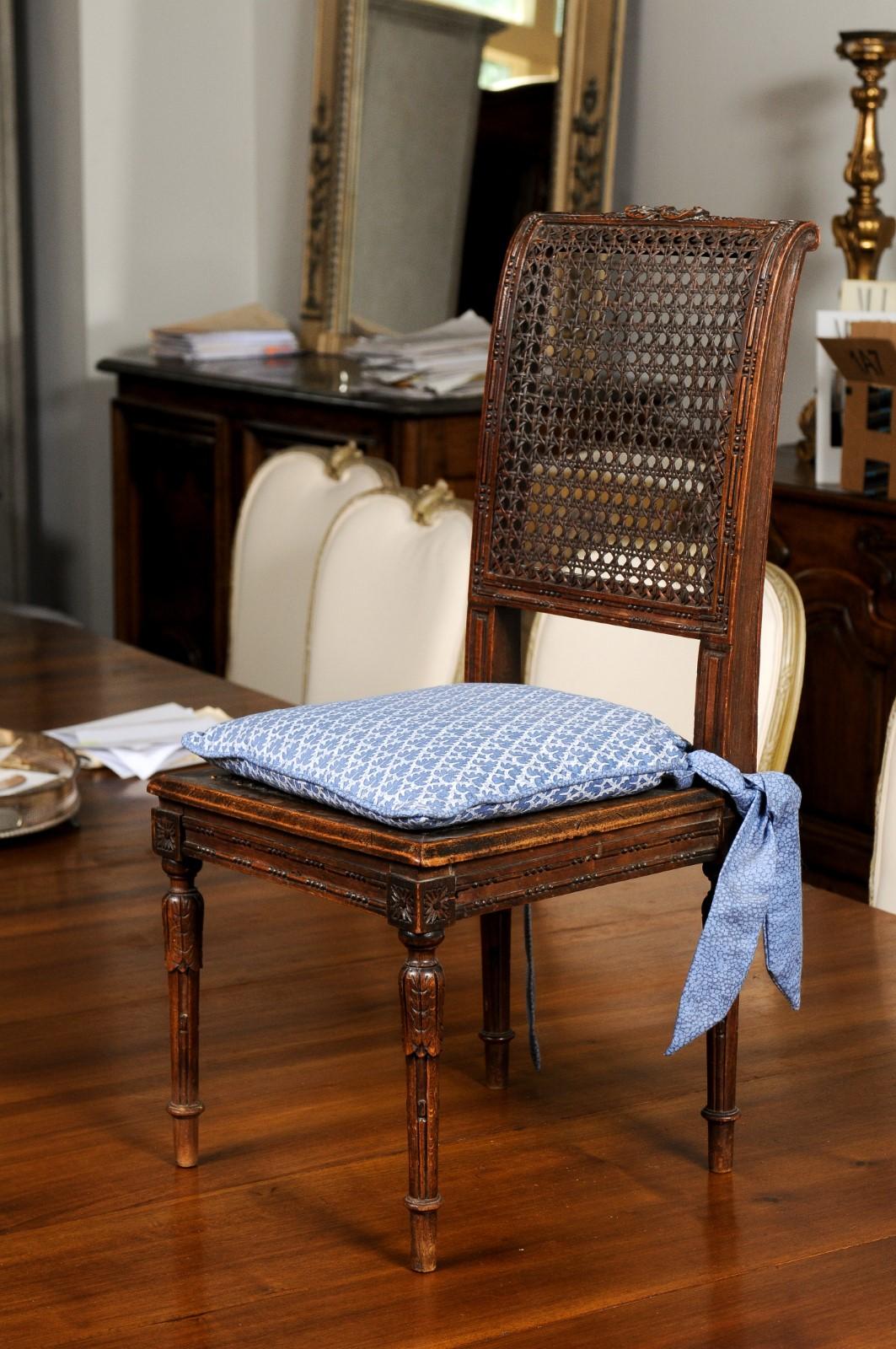 French 1890s Walnut Child's Chair with Cane Accents and Blue Upholstered Cushion 5
