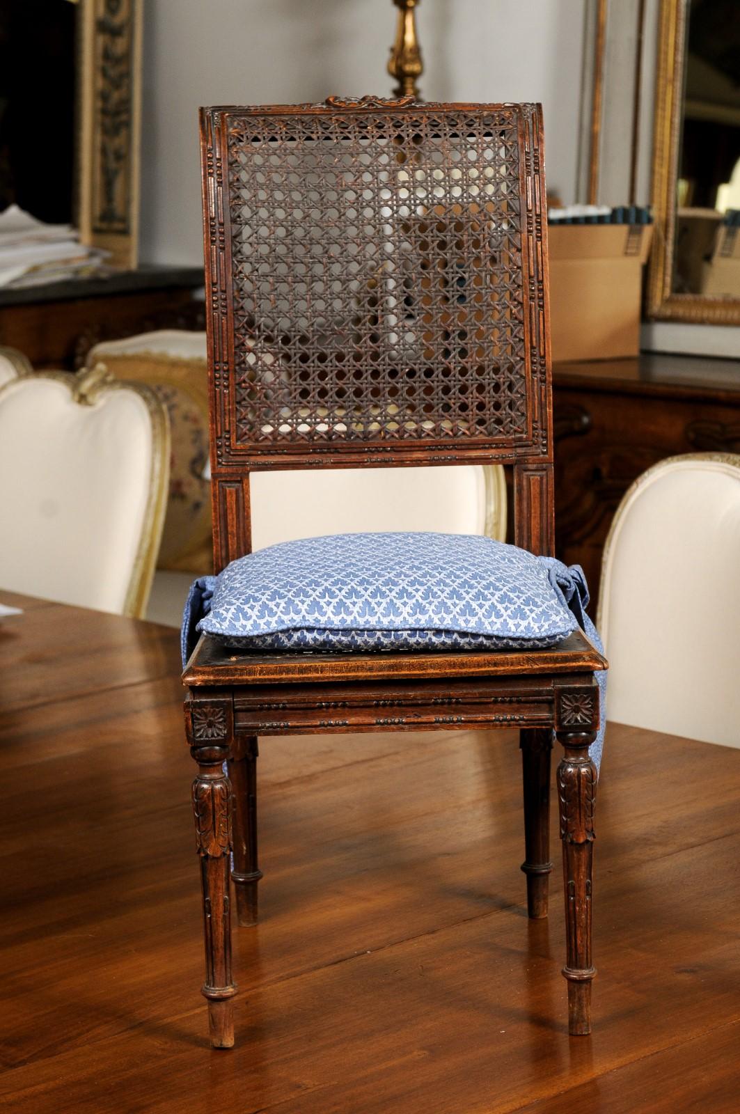 French 1890s Walnut Child's Chair with Cane Accents and Blue Upholstered Cushion 6
