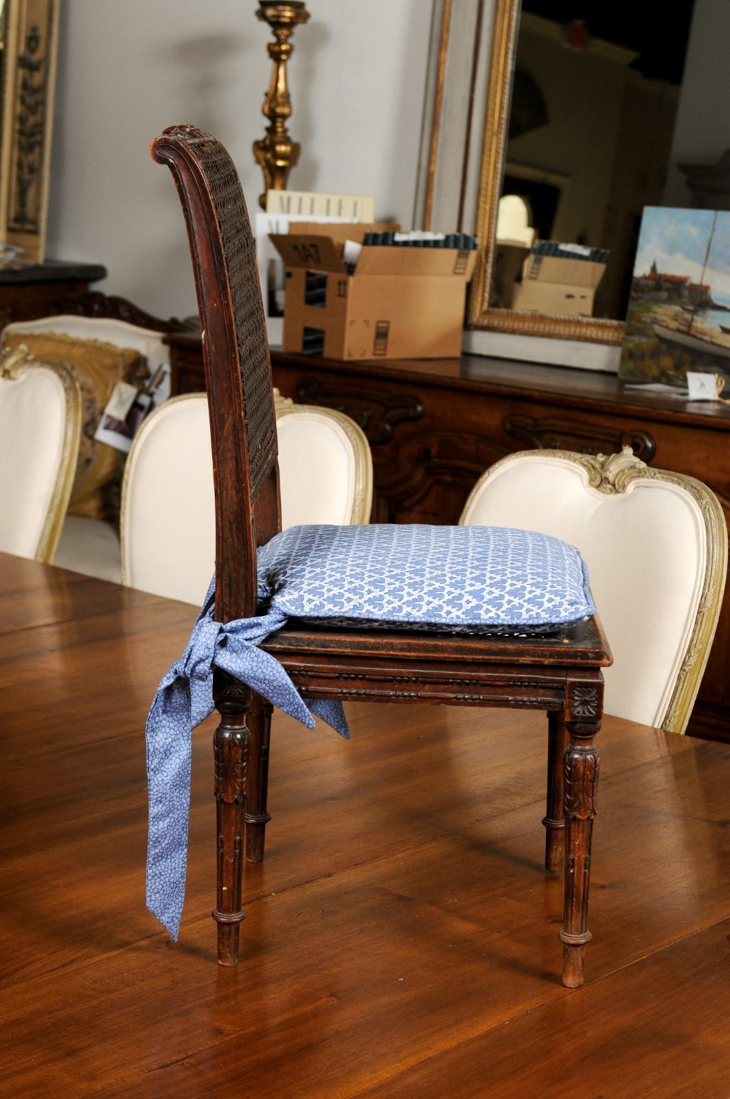 Upholstery French 1890s Walnut Child's Chair with Cane Accents and Blue Upholstered Cushion