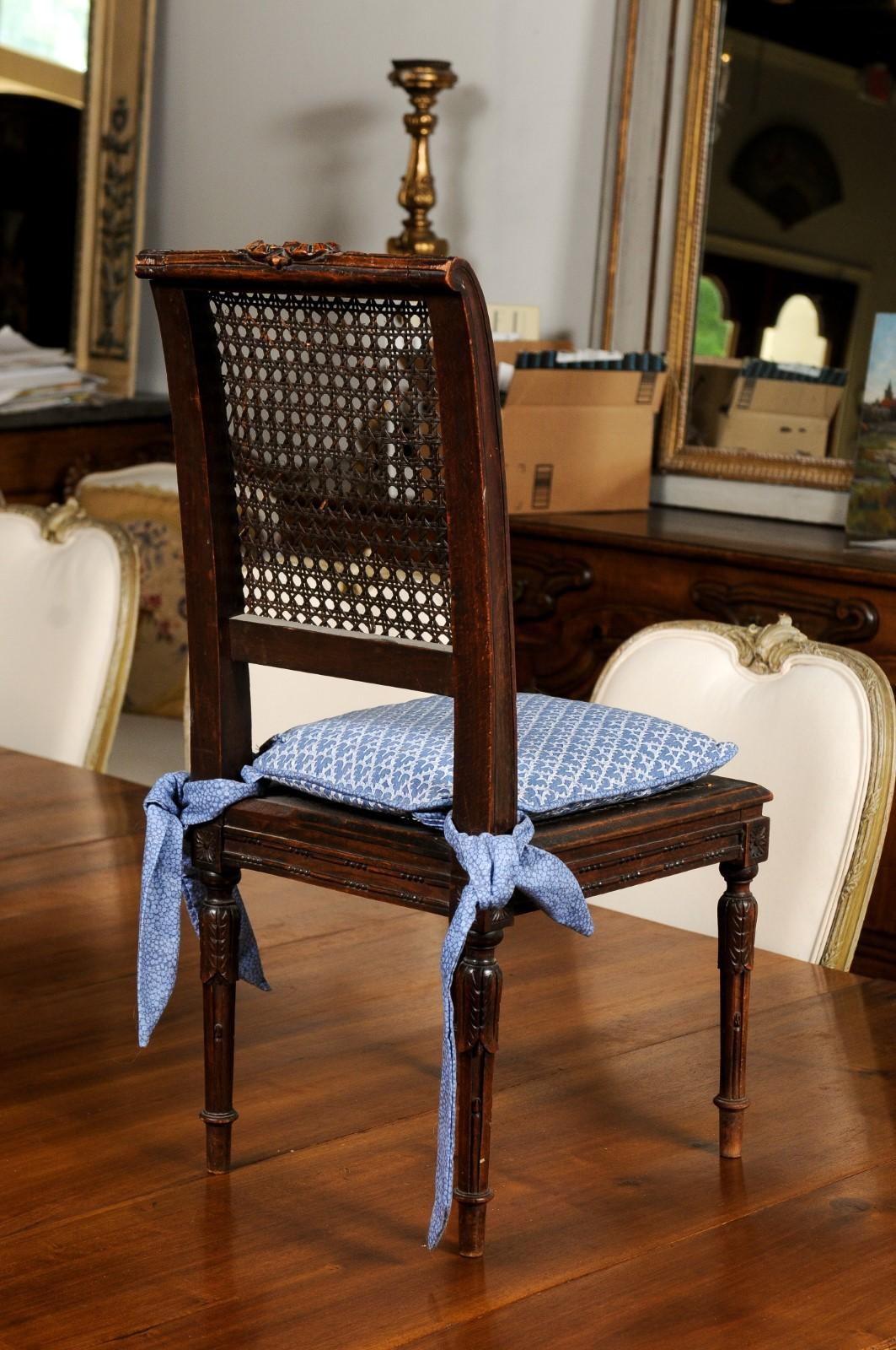 French 1890s Walnut Child's Chair with Cane Accents and Blue Upholstered Cushion 1