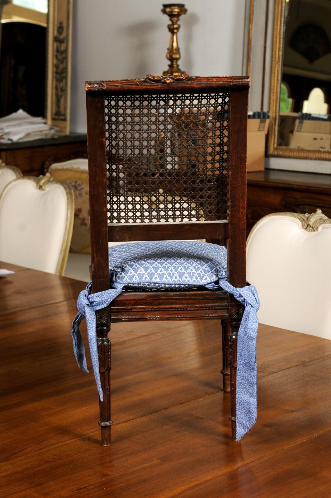 French 1890s Walnut Child's Chair with Cane Accents and Blue Upholstered Cushion 2