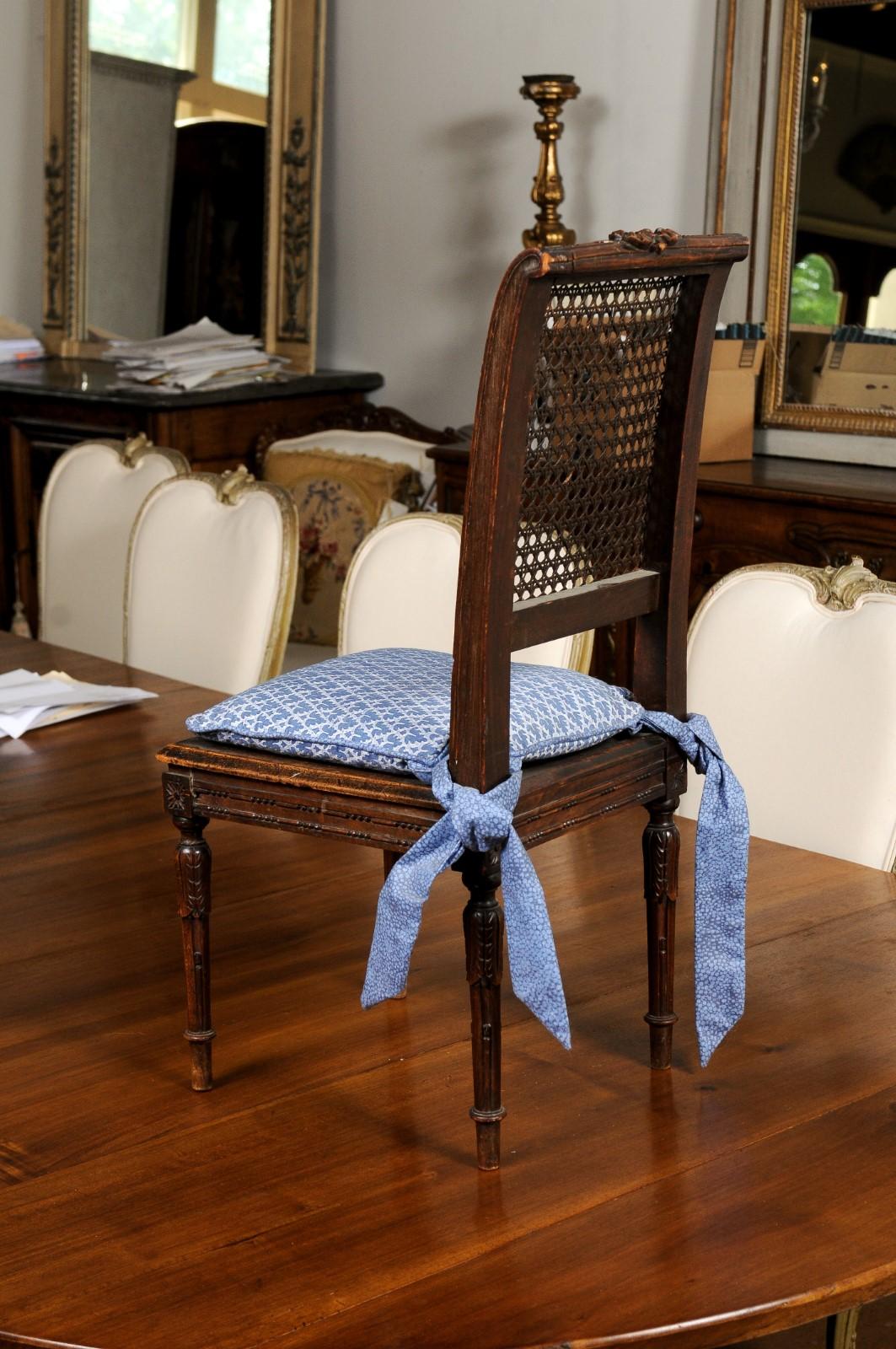 French 1890s Walnut Child's Chair with Cane Accents and Blue Upholstered Cushion 3