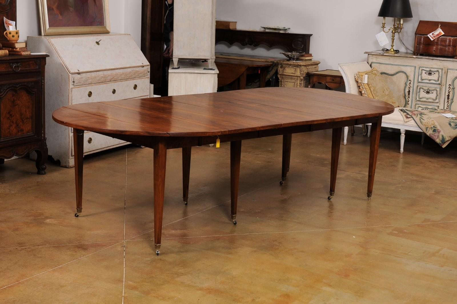Brass French 1890s Walnut Oval Extension Dining Table with Four Removable Leaves