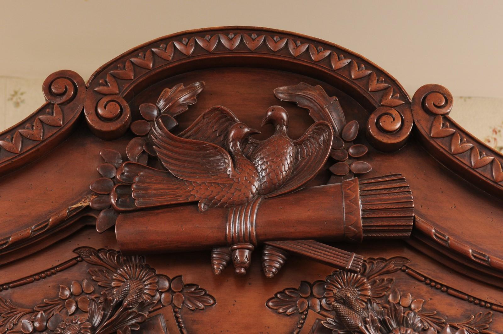 French 1890s Walnut Wedding Armoire with Carved Doves, Quiver and Lutes 8