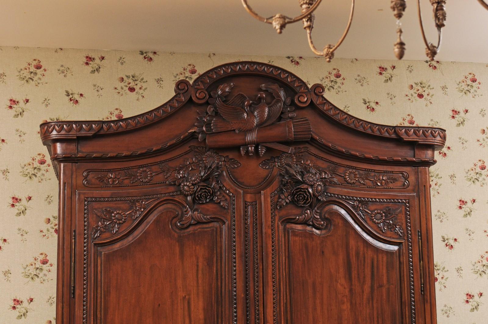 French 1890s Walnut Wedding Armoire with Carved Doves, Quiver and Lutes 4
