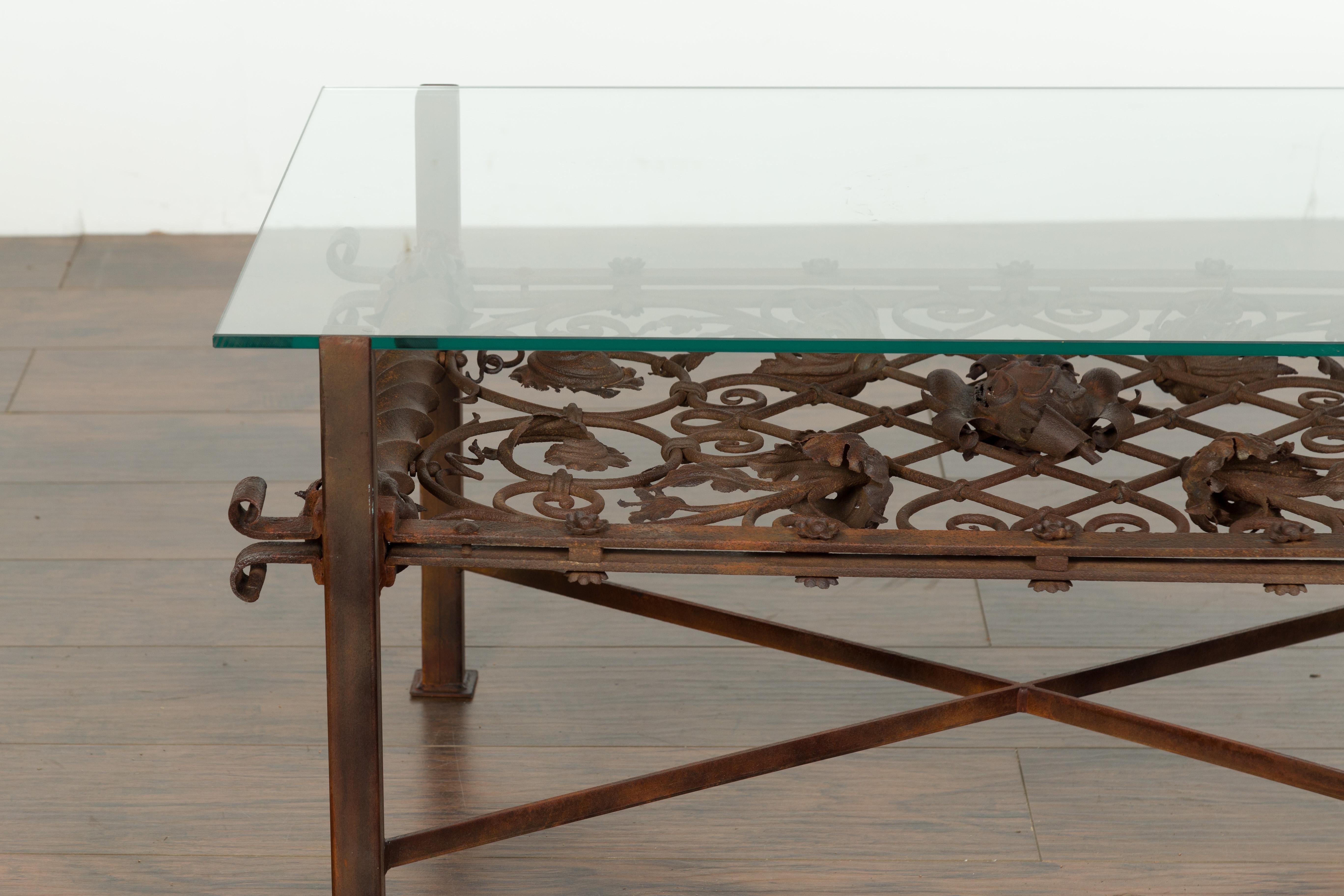 English French 1892 Iron Balcony Fragment Made into a Coffee Table with Glass Top For Sale