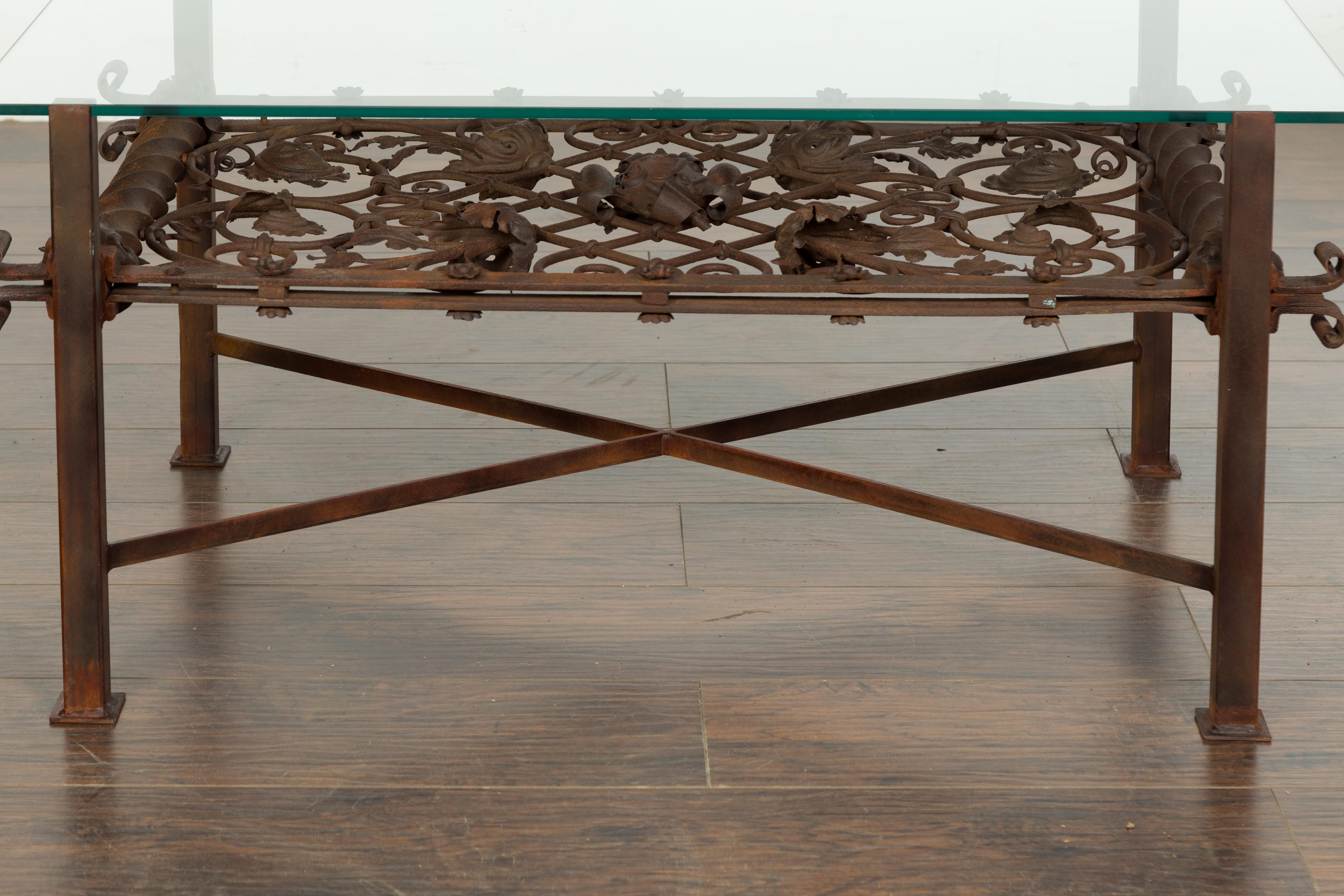 19th Century French 1892 Iron Balcony Fragment Made into a Coffee Table with Glass Top For Sale