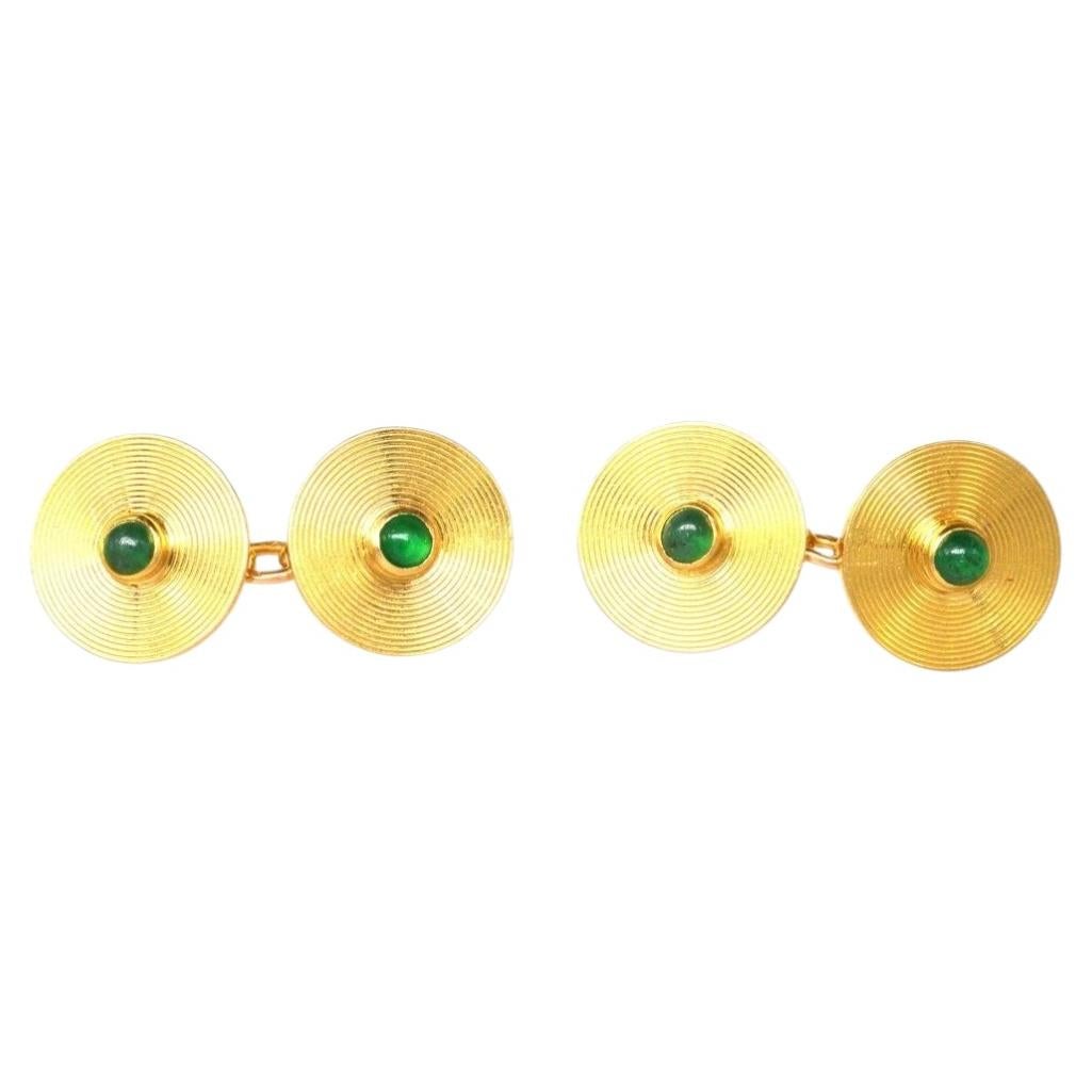 French 18ct Gold Round Emerald Cufflinks, 1960s
