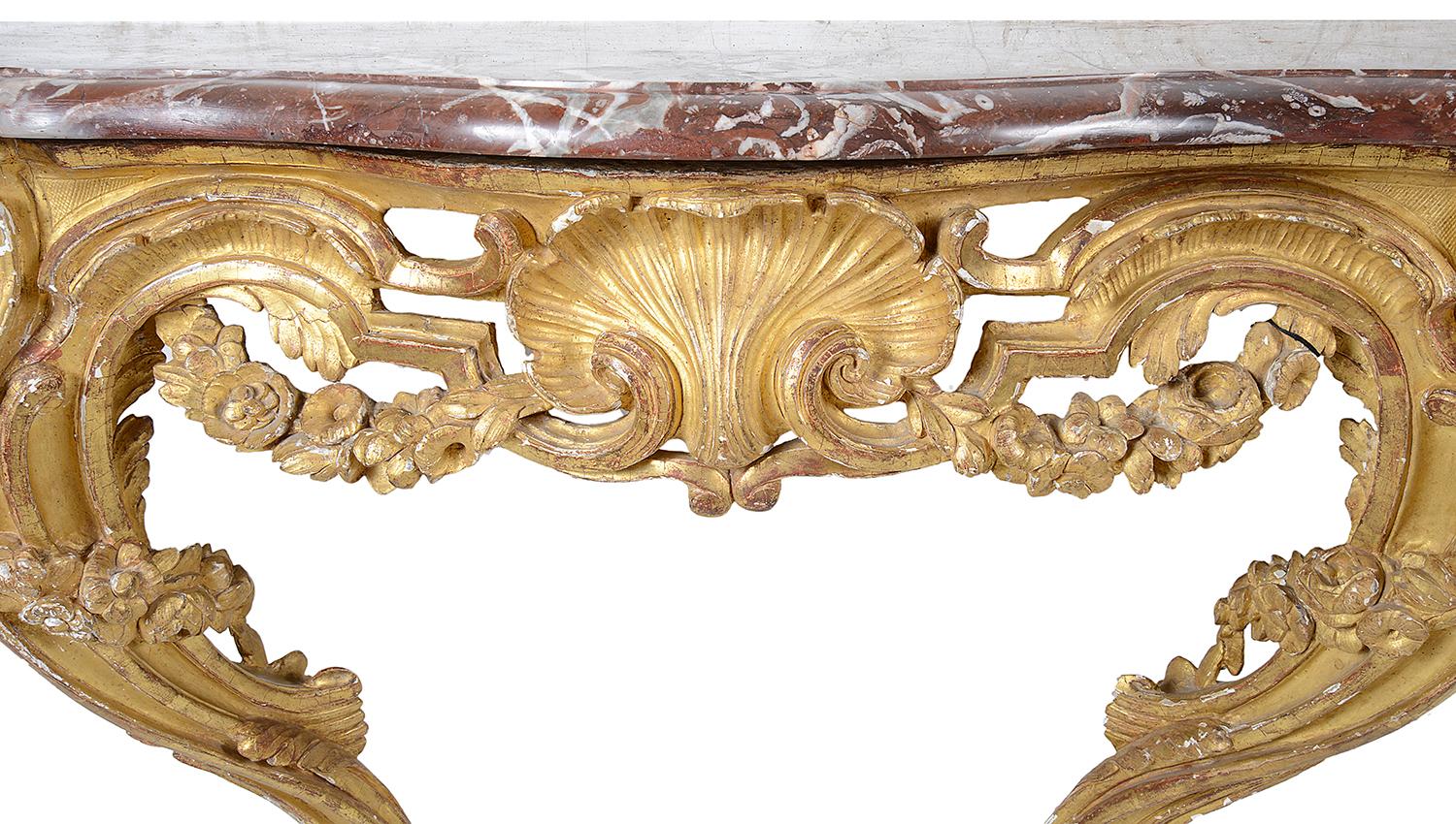 French 18h Century Carved Giltwood, Marble Topped Console Table In Good Condition For Sale In Brighton, Sussex