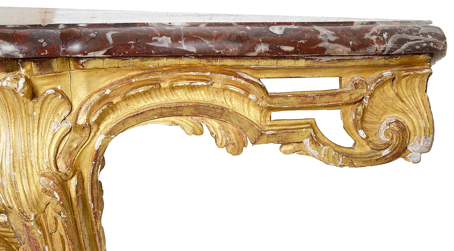French 18h Century Carved Giltwood, Marble Topped Console Table For Sale 2