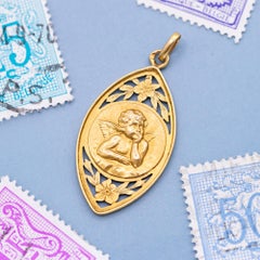 French 18k Angel Raphael charm - Antique Solid yellow Gold Cherub Pendant