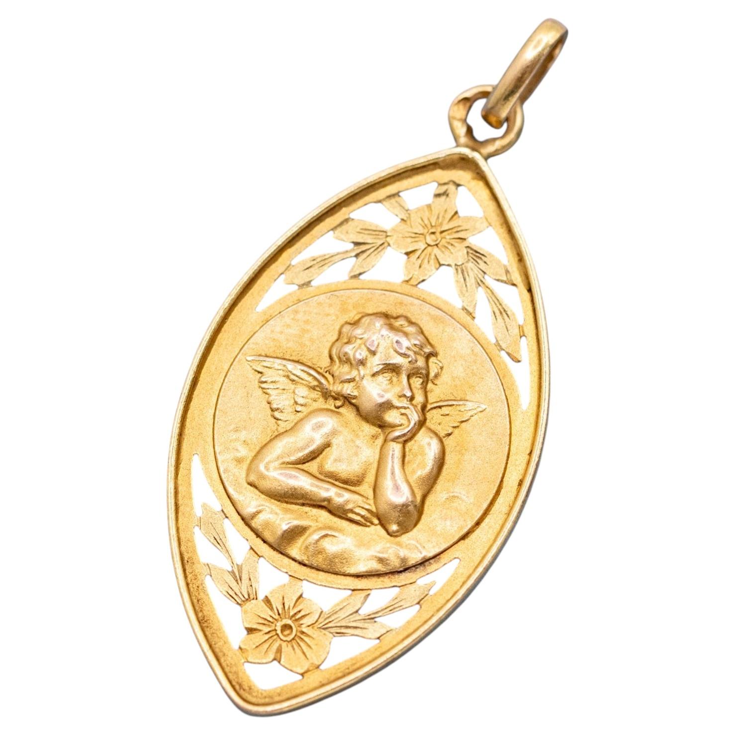 Antique French 18k Angel Raphael charm - Pendentif chérubin ancien en or jaune massif