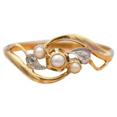 Bague fleur 18k Antique - Napoléon III, Victorienne perle trois pierres