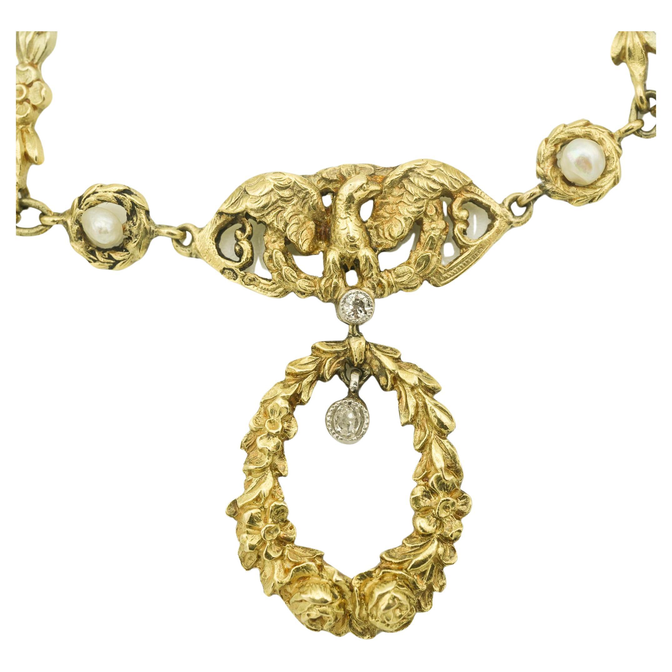 French 18k Art Nouveau Figural Eagle Dragon Floral Necklace w/ Pearls & Diamonds