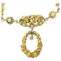 Antique French 18k Art Nouveau Figural Eagle Dragon Floral Necklace w/ Pearls & Diamonds