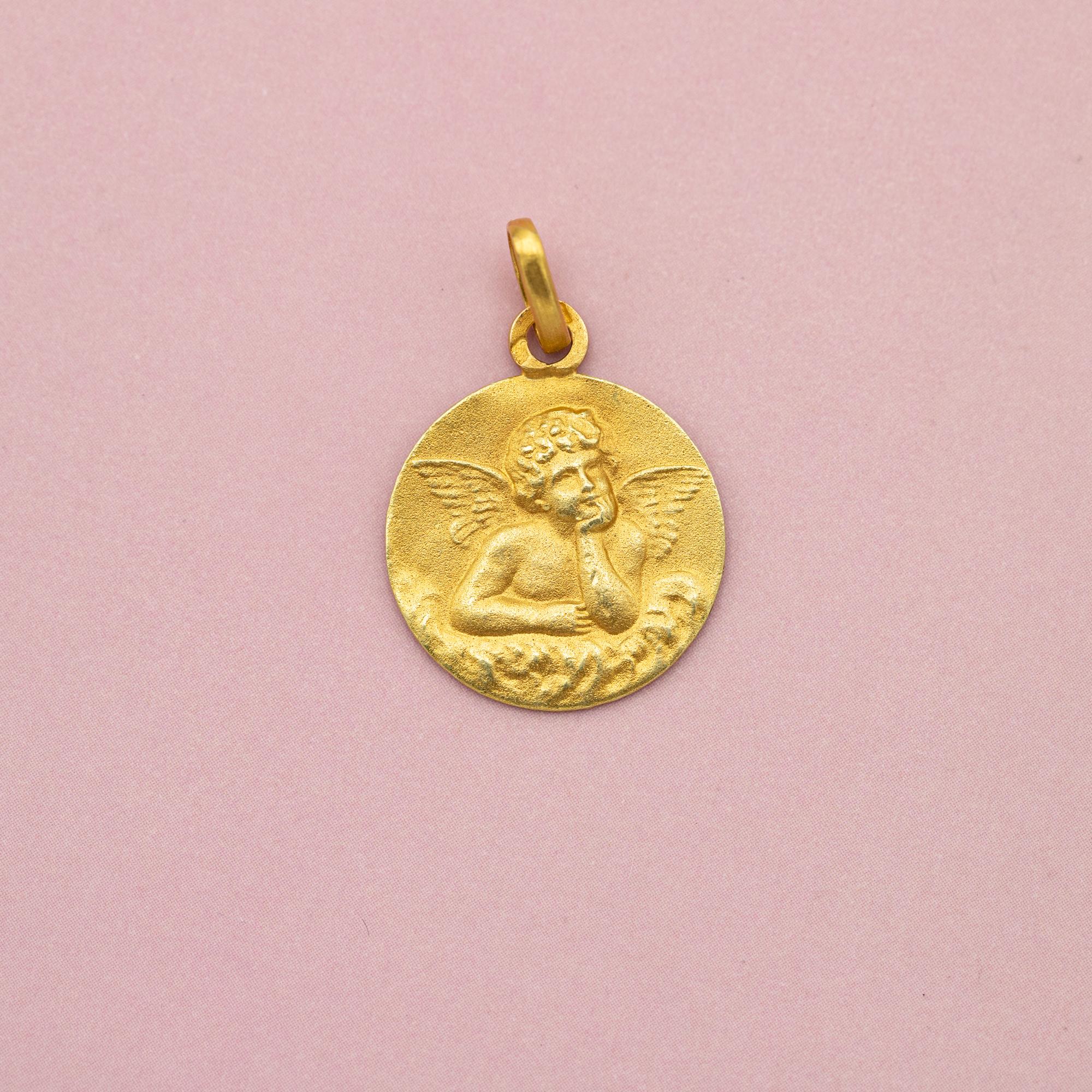 Women's or Men's French 18k Cute Angel Raphael medal - Cherub - Good Luck Art Deco medallion