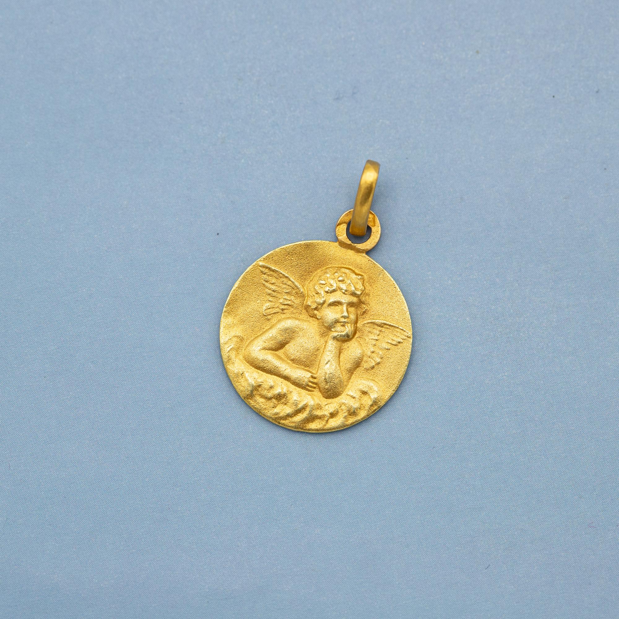 French 18k Cute Angel Raphael medal - Cherub - Good Luck Art Deco medallion 2