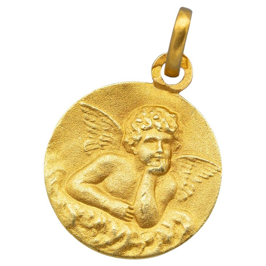 French 18k Cute Angel Raphael medal - Cherub - Good Luck Art Deco medallion