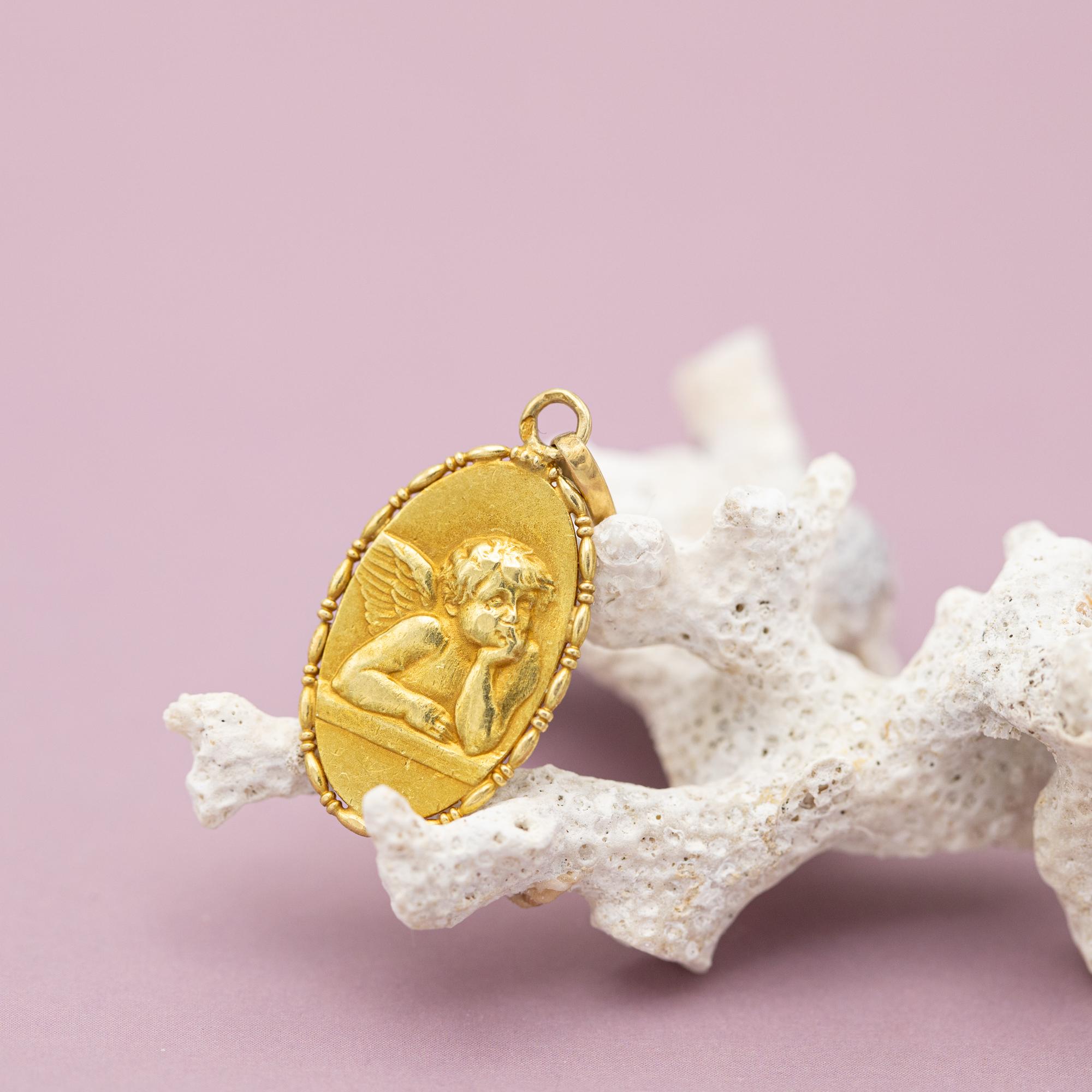 French 18k Cute Angel Raphael medal - Vintage Solid yellow Gold Pendant - Cherub 5