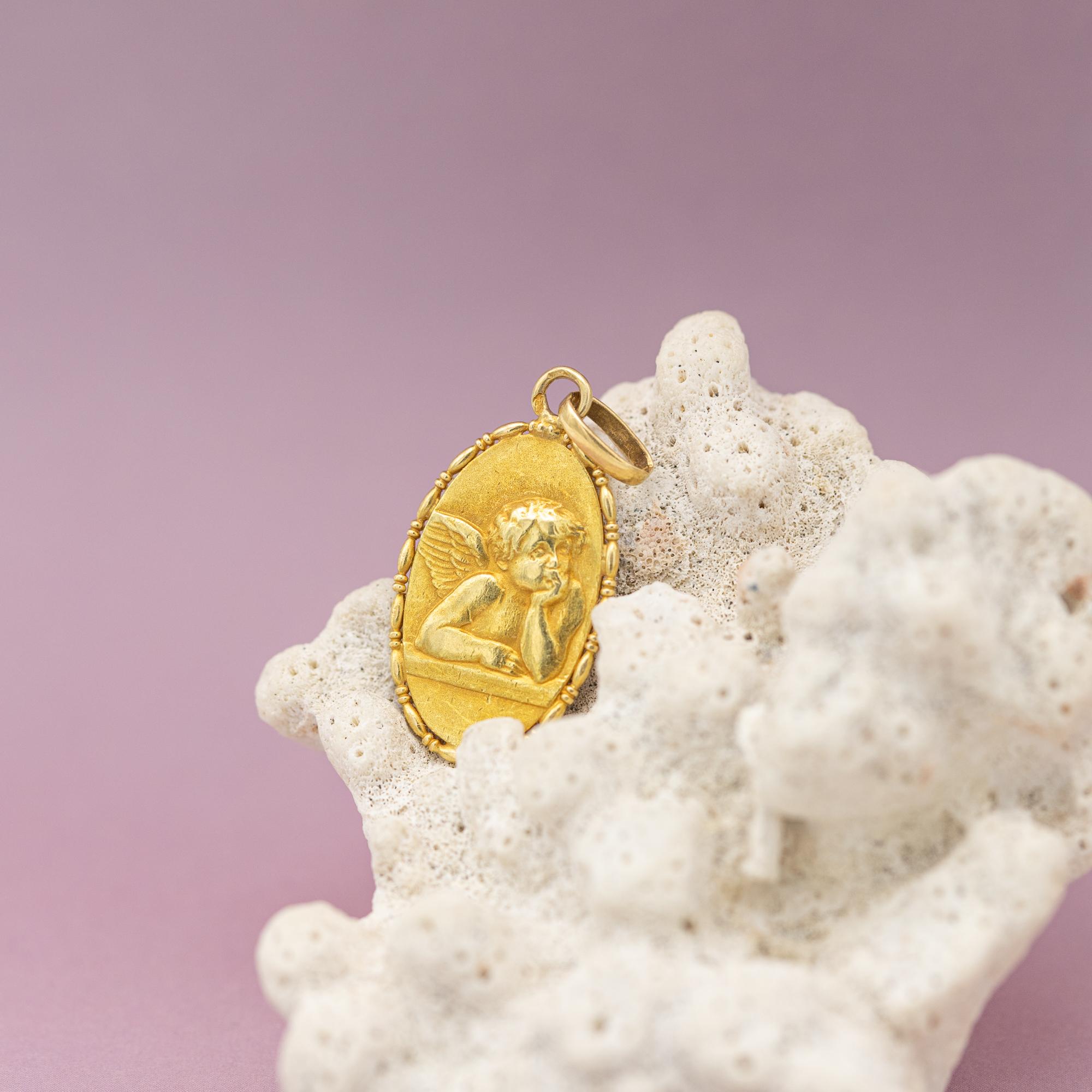 French 18k Cute Angel Raphael medal - Vintage Solid yellow Gold Pendant - Cherub 1