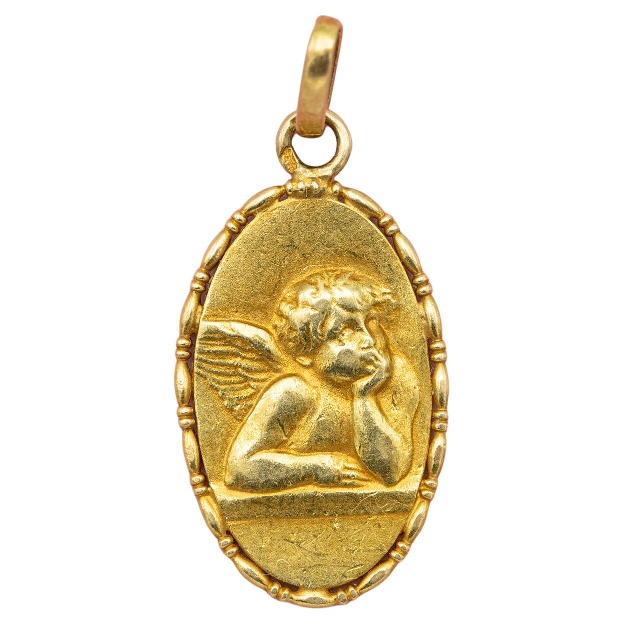 French 18k Cute Angel Raphael medal - Vintage Solid yellow Gold Pendant - Cherub