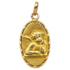 Médaille Ange Raphael 18k - Pendentif vintage en or jaune massif - Chérubin