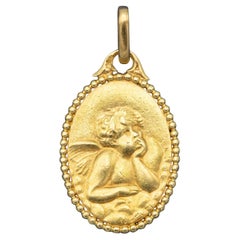 French 18k Cute Angel Raphael medal - Vintage Solid yellow Gold Pendant - Cherub
