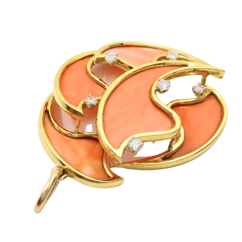 Ciondolo di corallo con diamante francese 18k Collana a catena in oro 14k in vendita 2