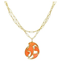 French 18k Diamond Coral Pendant 14k Gold Chain Necklace