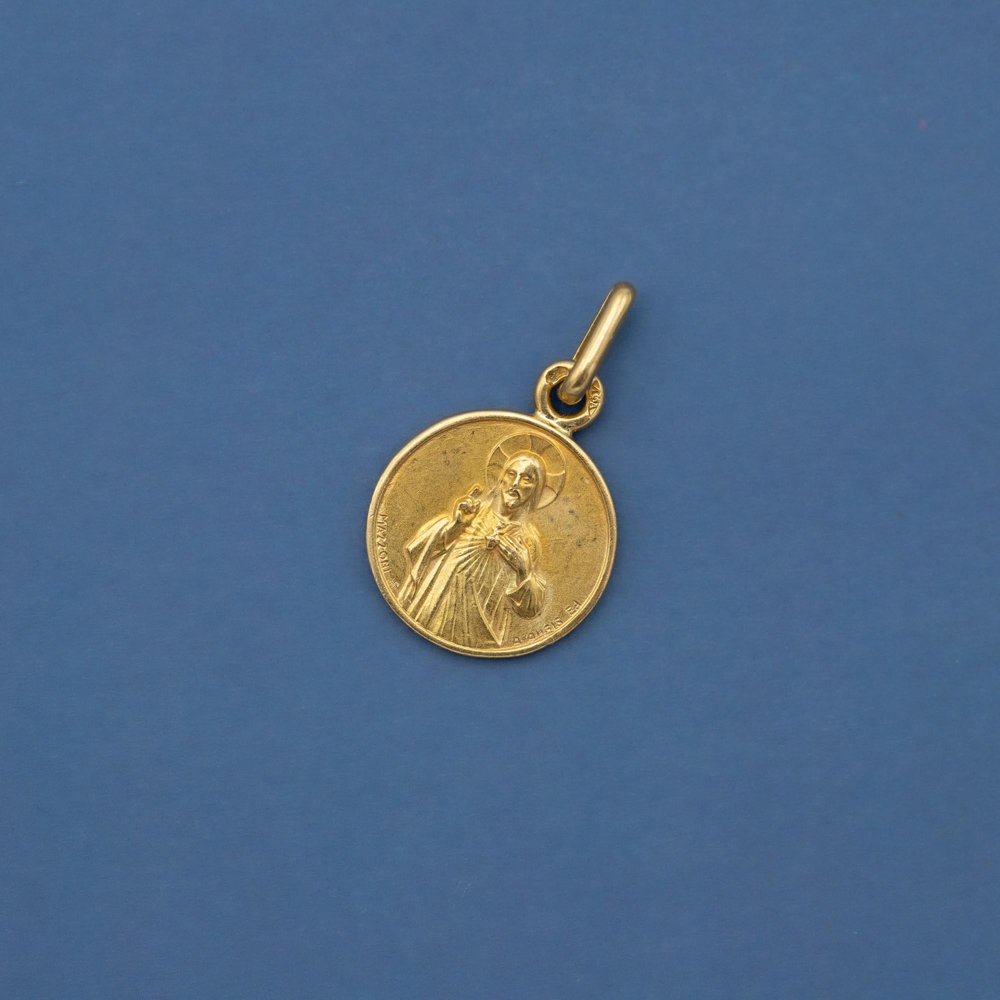 Retro French 18k Double sided Vintage solid yellow gold Catholic Augis pendant charm