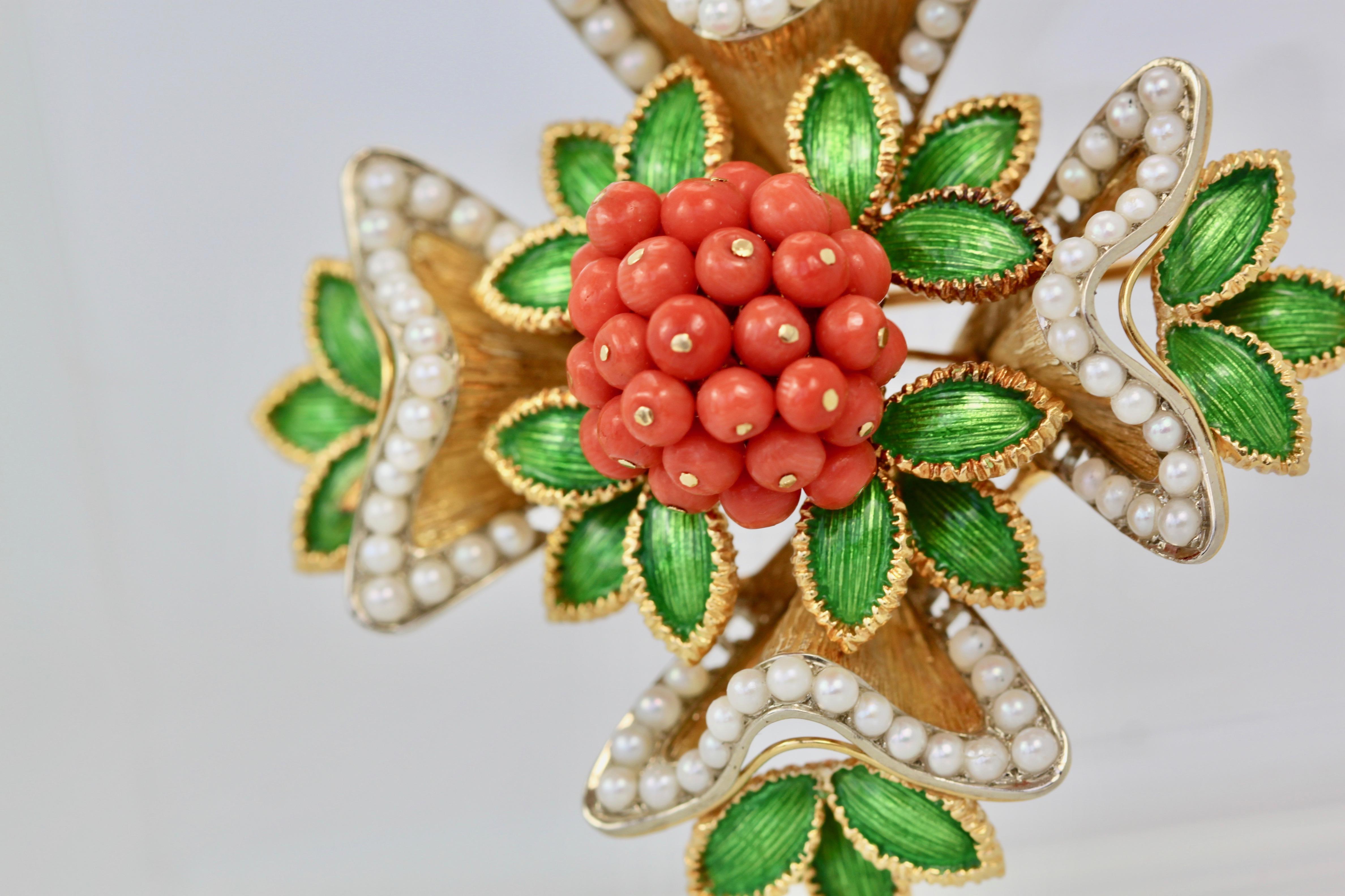 Round Cut French 18 Karat Enamel, Pearl, Coral, Maltese Cross Flower Brooch Pendant For Sale