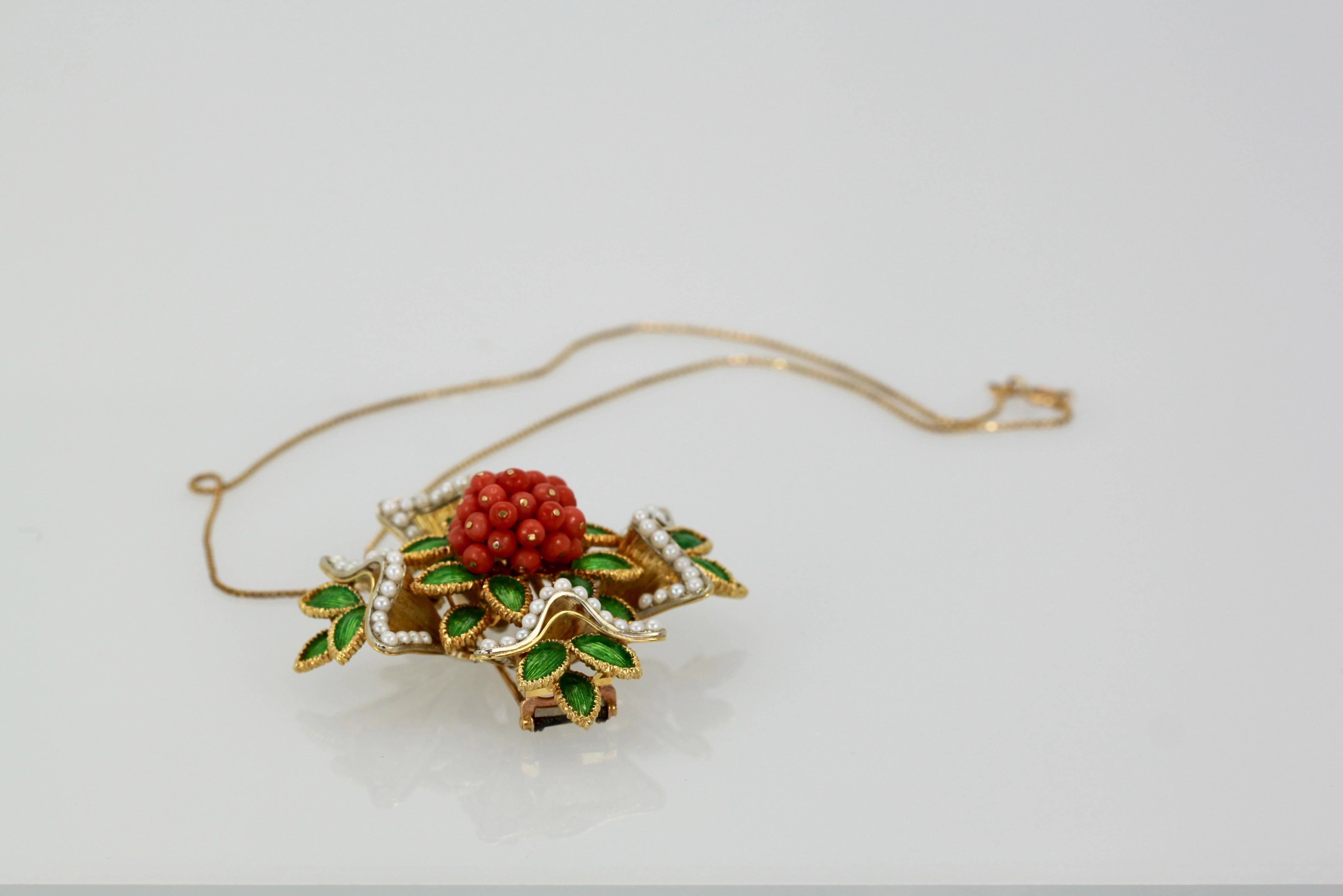 French 18 Karat Enamel, Pearl, Coral, Maltese Cross Flower Brooch Pendant In Good Condition For Sale In North Hollywood, CA