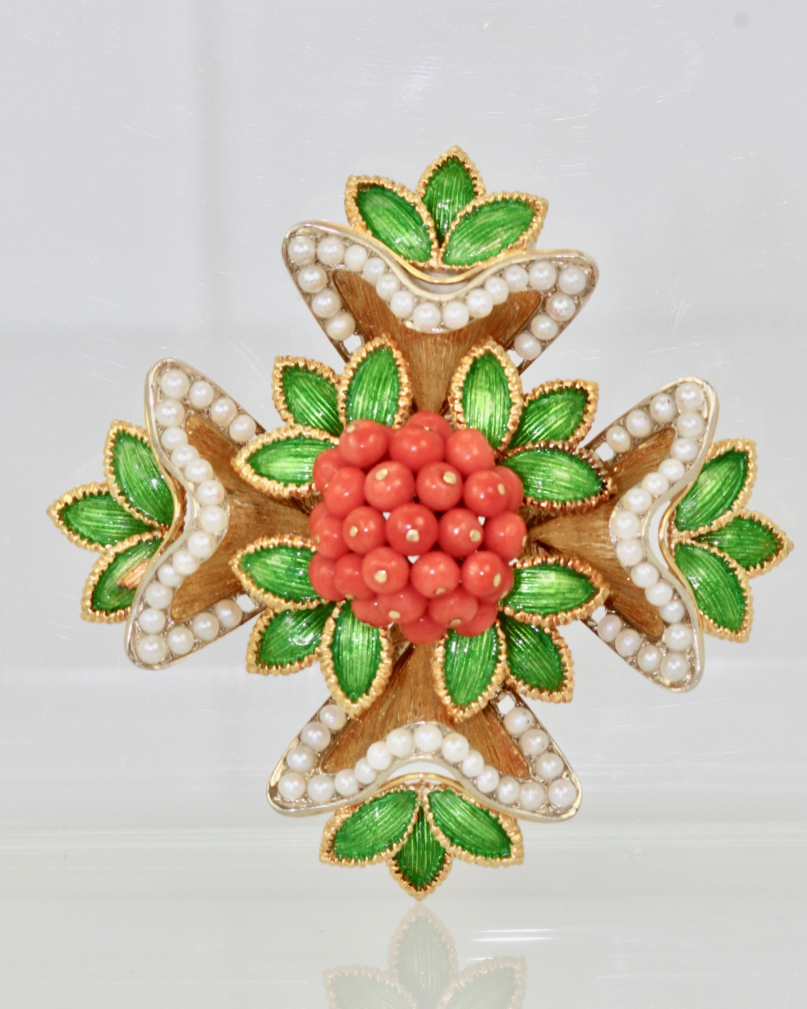 French 18 Karat Enamel, Pearl, Coral, Maltese Cross Flower Brooch Pendant For Sale 1