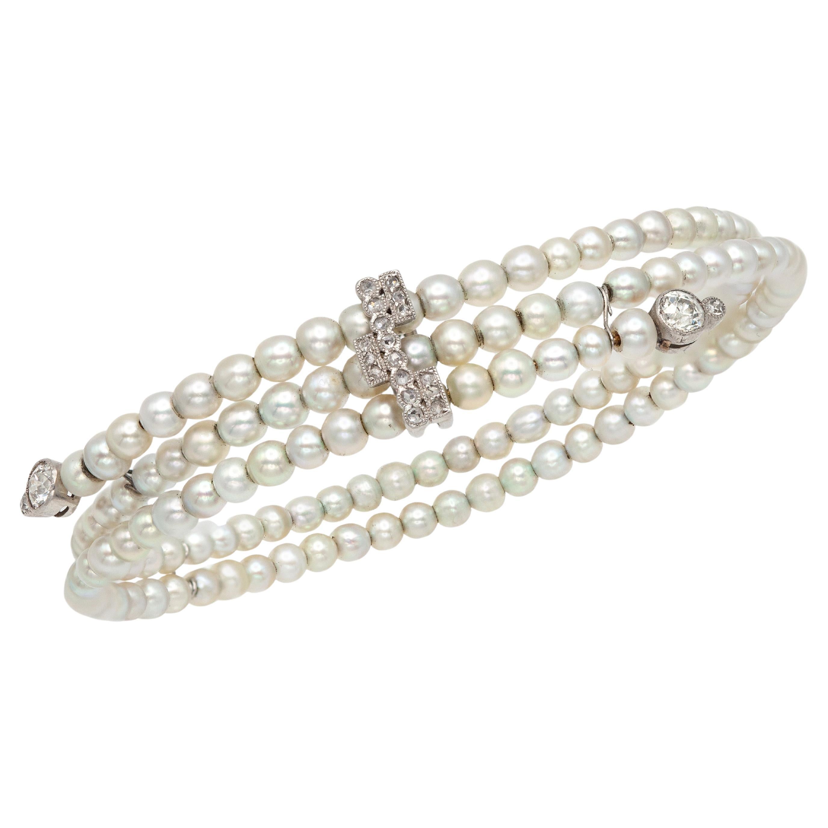 Bracelet en perles naturelles certifiées GIA 18K et diamants en vente