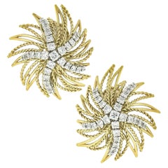 French 18K Gold 1.55ctw Diamond Twisted & Polished Wire Open Star Burst Earrings