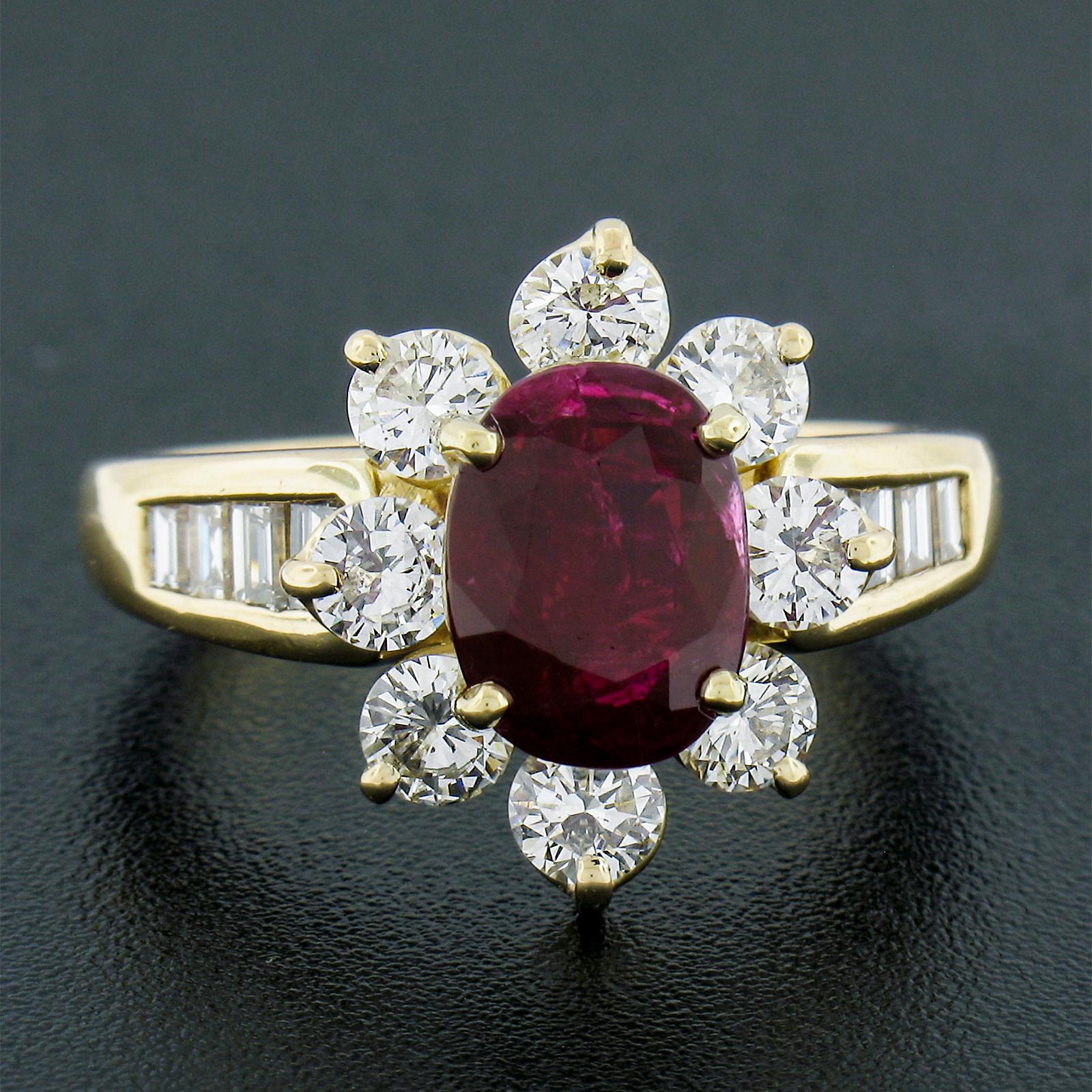 --Stone(s):--
(1) Natural Genuine Ruby - Oval Brilliant Cut - Prong Set - Vivid Red Color - NO HEAT - 1.87ct (exact - certified)
** See Certification Details Below For More Info **
(8) Natural Genuine Diamonds - Round Brilliant Cut - Prong Set - G/H