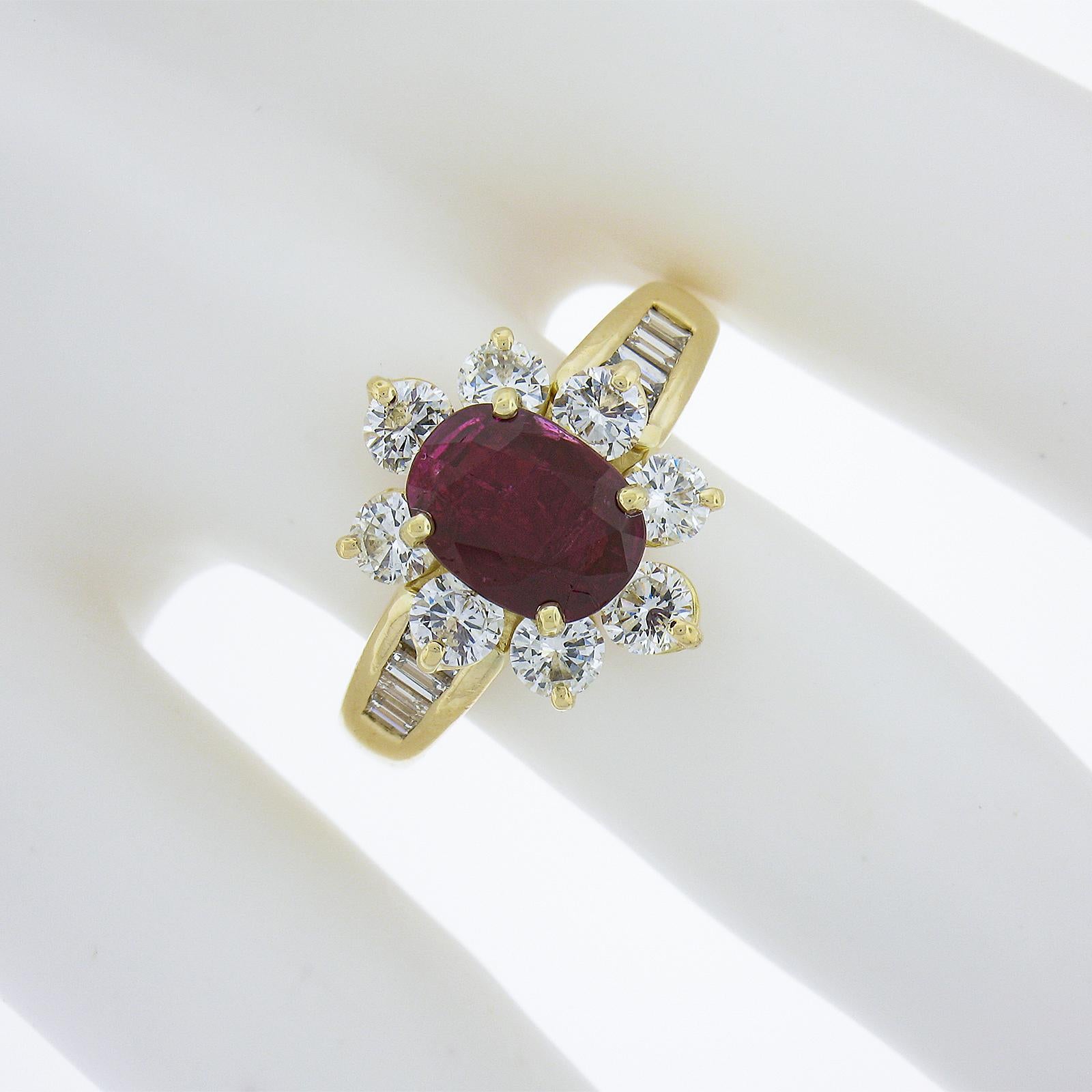 Oval Cut French 18k Gold 3.51ctw GIA NO HEAT Oval Vivid Red Ruby Diamond Flower Halo Ring