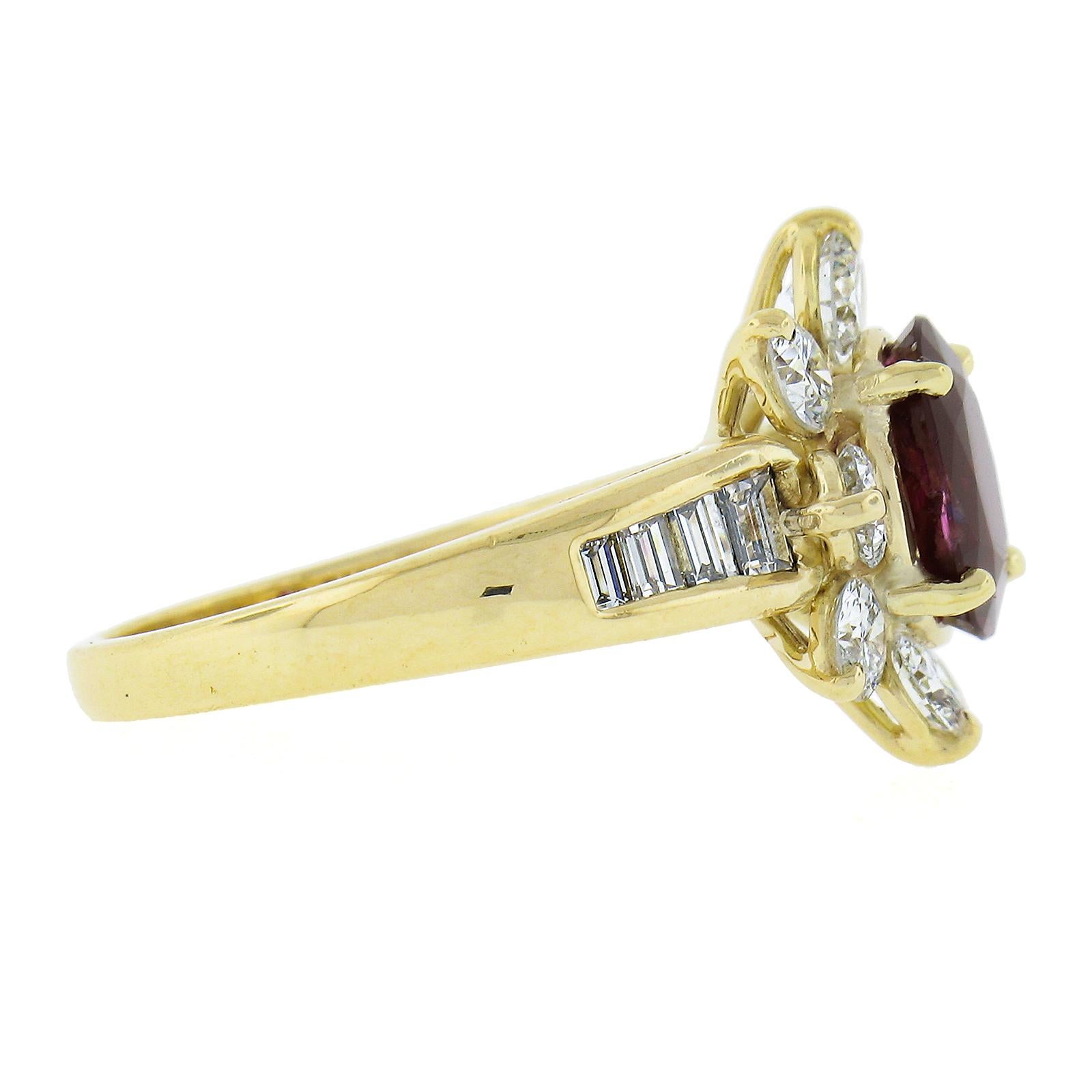 French 18k Gold 3.51ctw GIA NO HEAT Oval Vivid Red Ruby Diamond Flower Halo Ring In Excellent Condition In Montclair, NJ