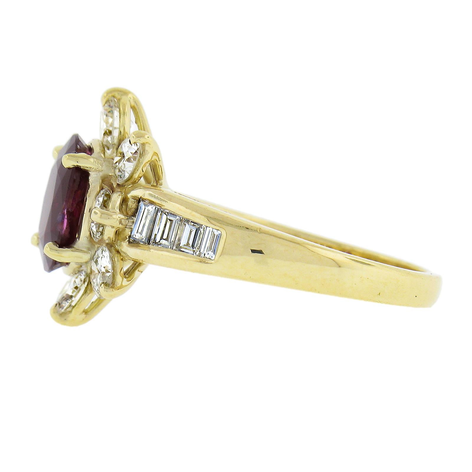 Women's French 18k Gold 3.51ctw GIA NO HEAT Oval Vivid Red Ruby Diamond Flower Halo Ring