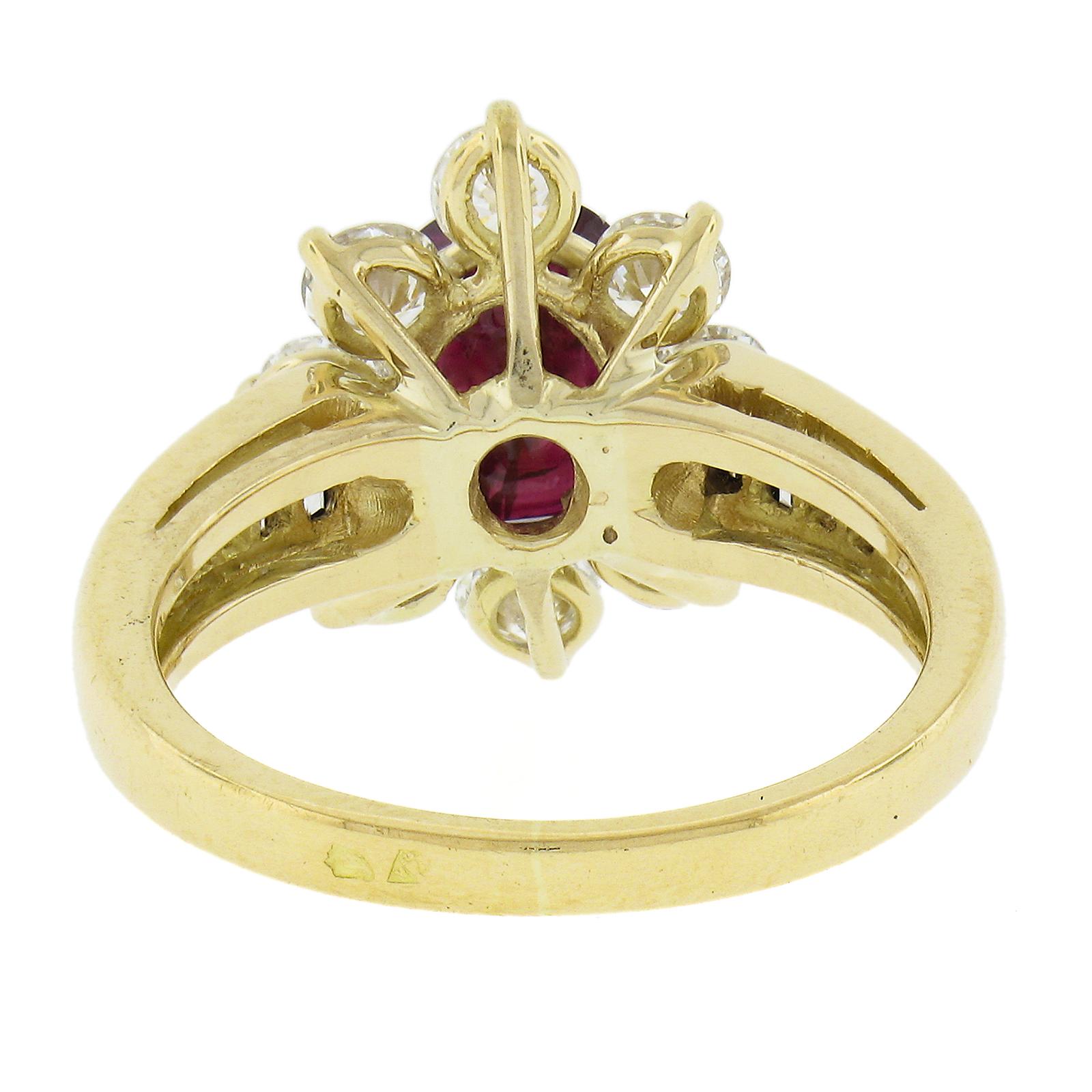 French 18k Gold 3.51ctw GIA NO HEAT Oval Vivid Red Ruby Diamond Flower Halo Ring 1