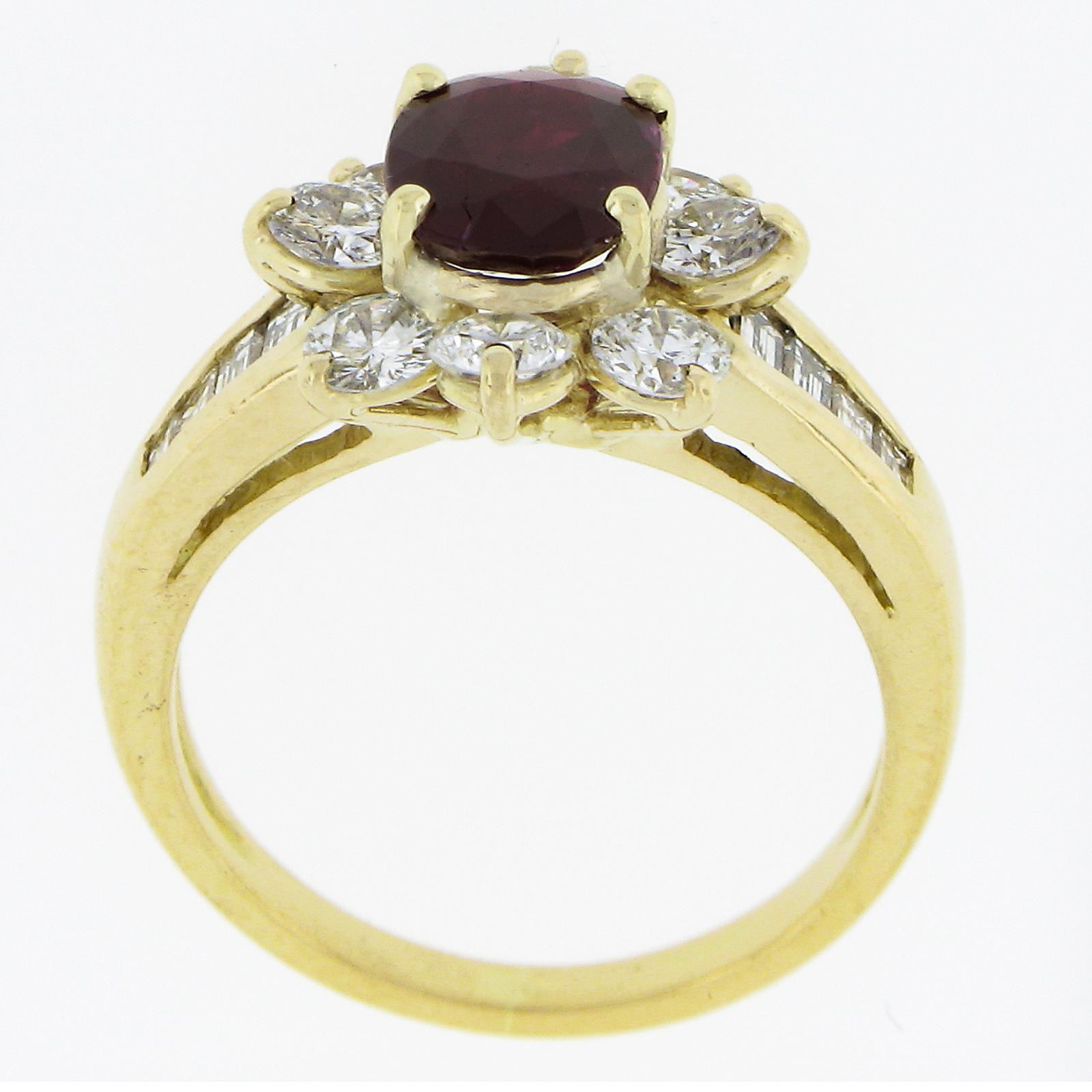 French 18k Gold 3.51ctw GIA NO HEAT Oval Vivid Red Ruby Diamond Flower Halo Ring 3