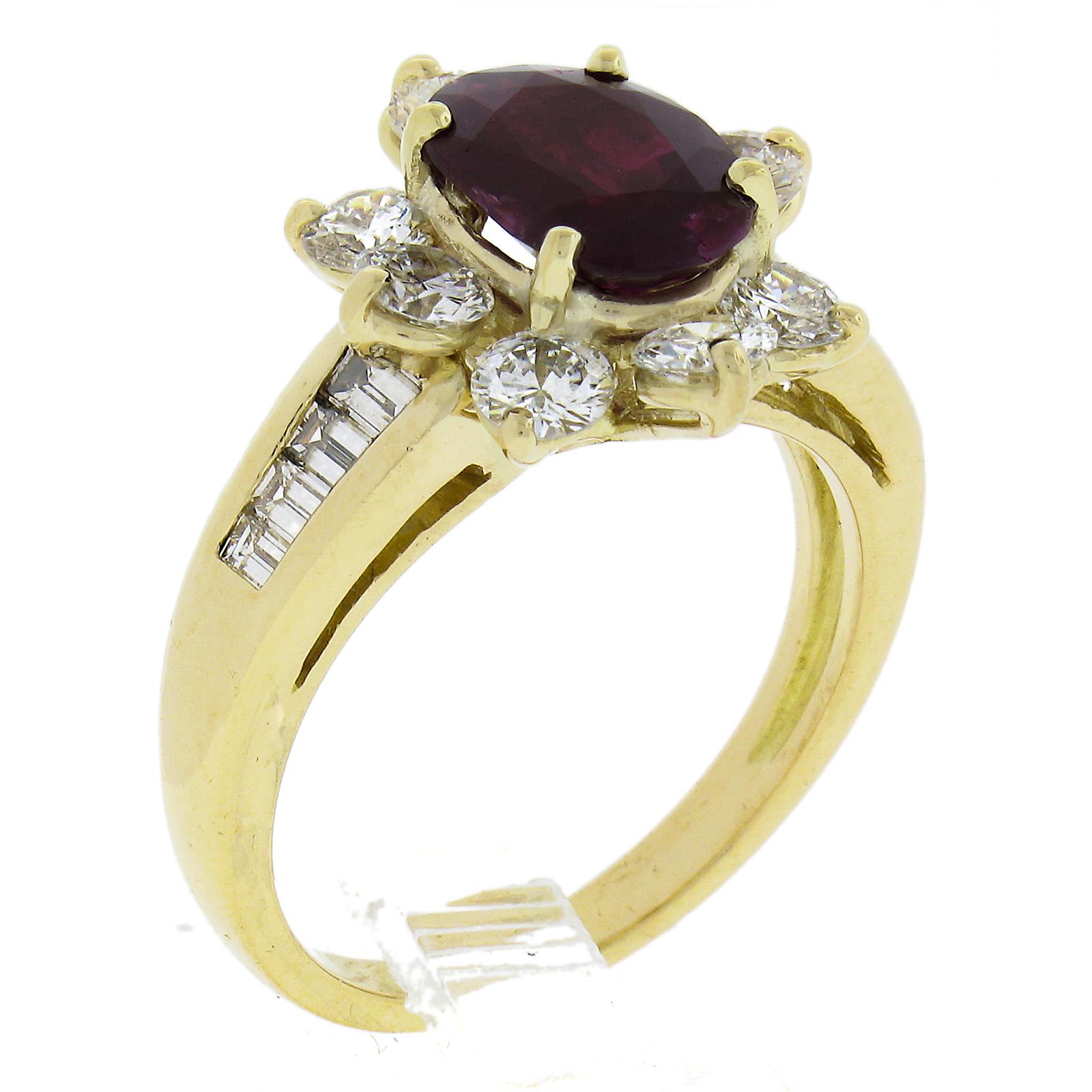 French 18k Gold 3.51ctw GIA NO HEAT Oval Vivid Red Ruby Diamond Flower Halo Ring 4