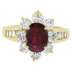 French 18k Gold 3.51ctw GIA NO HEAT Oval Vivid Red Ruby Diamond Flower Halo Ring
