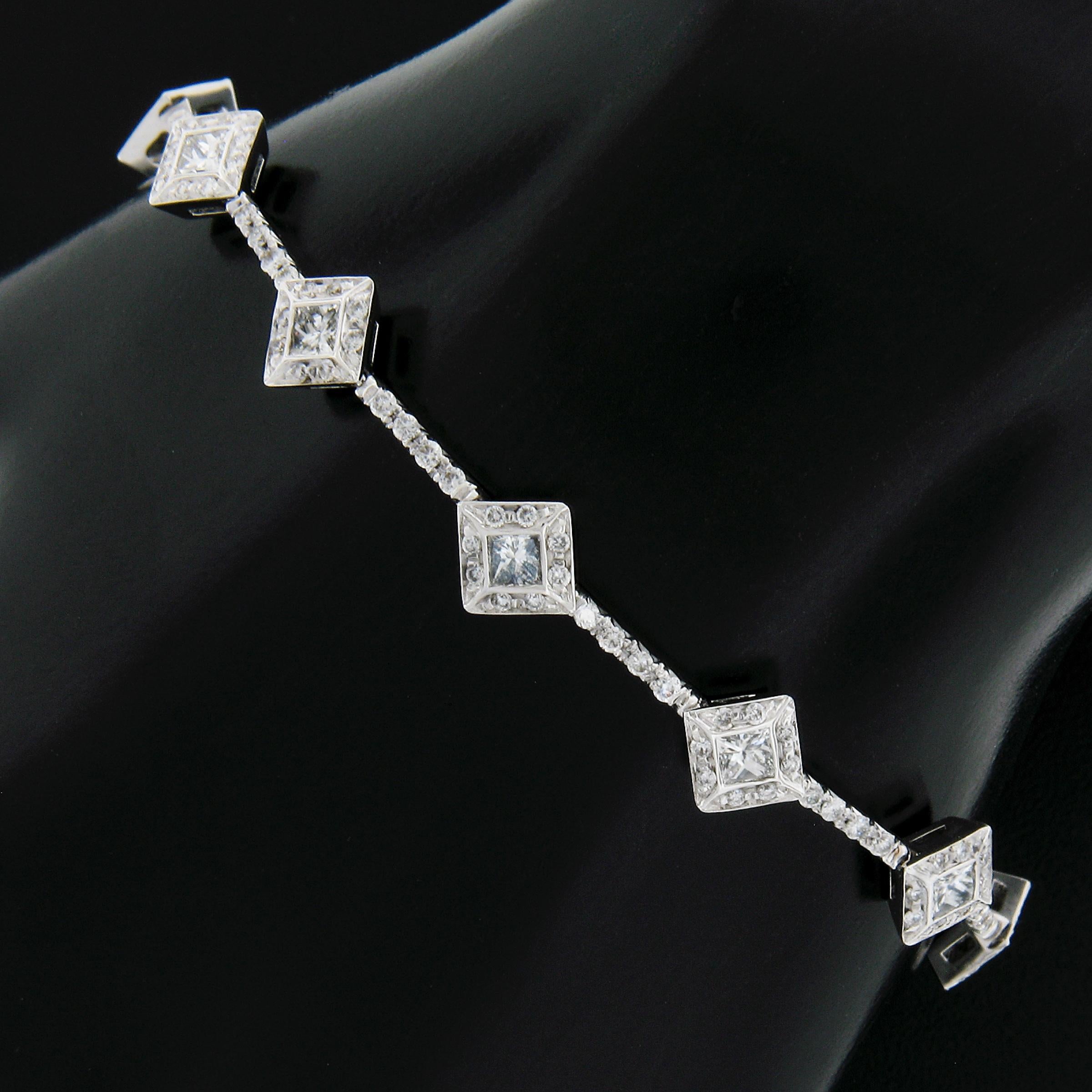 Princess Cut French 18k Gold 3ctw Princess & Round Diamond Geometric Line Statement Bracelet For Sale