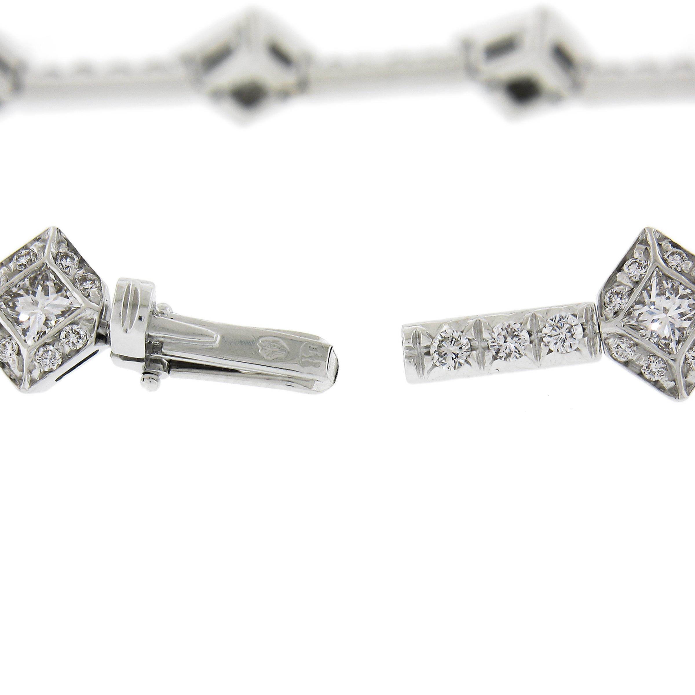 French 18k Gold 3ctw Princess & Round Diamond Geometric Line Statement Bracelet For Sale 1