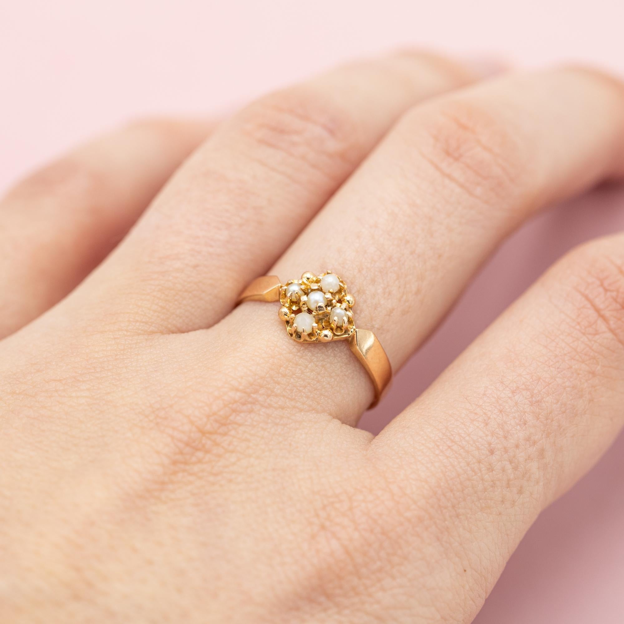Art Deco French 18k gold antique flower ring - Napoleon III - Victorian pearl jewel