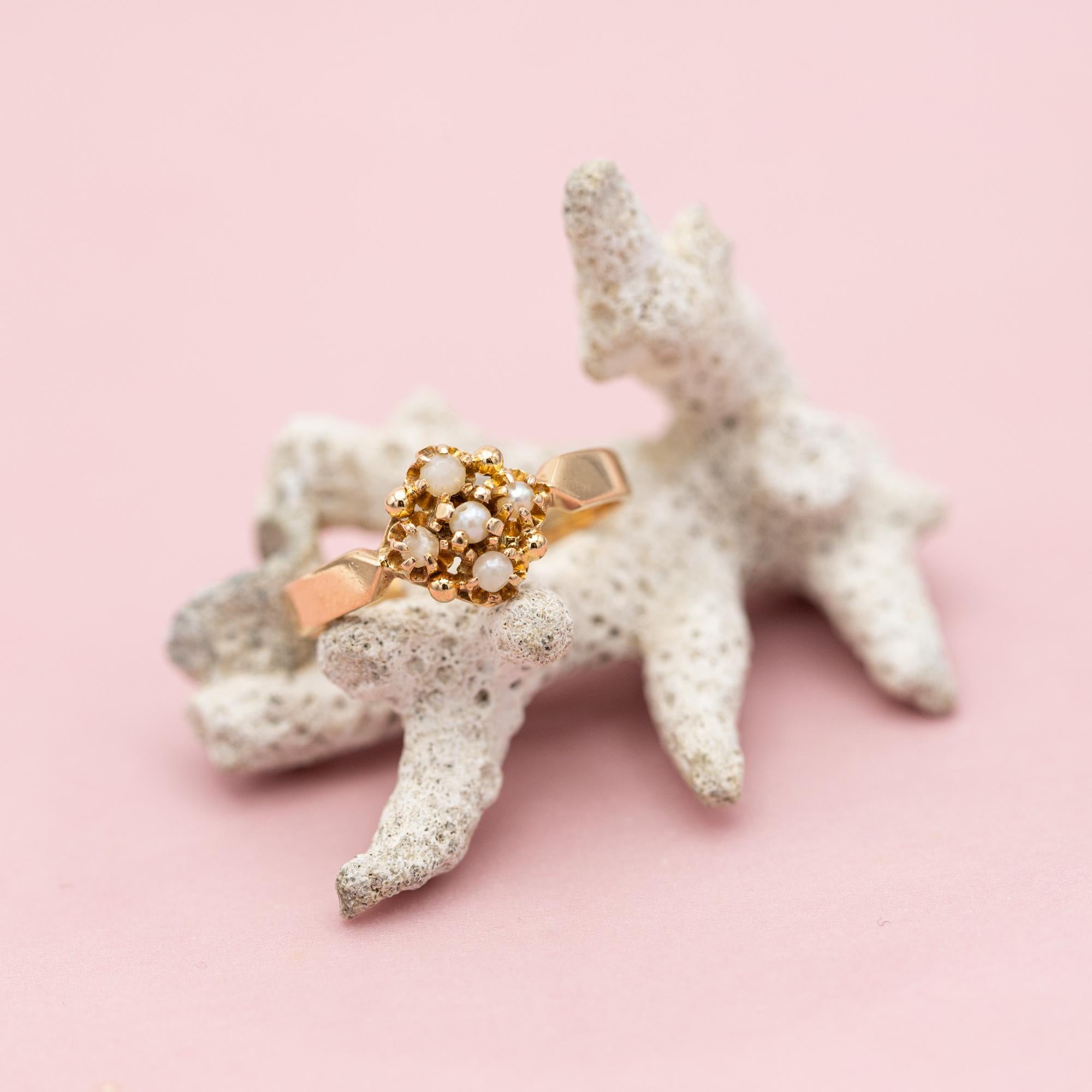 Women's or Men's French 18k gold antique flower ring - Napoleon III - Victorian pearl jewel