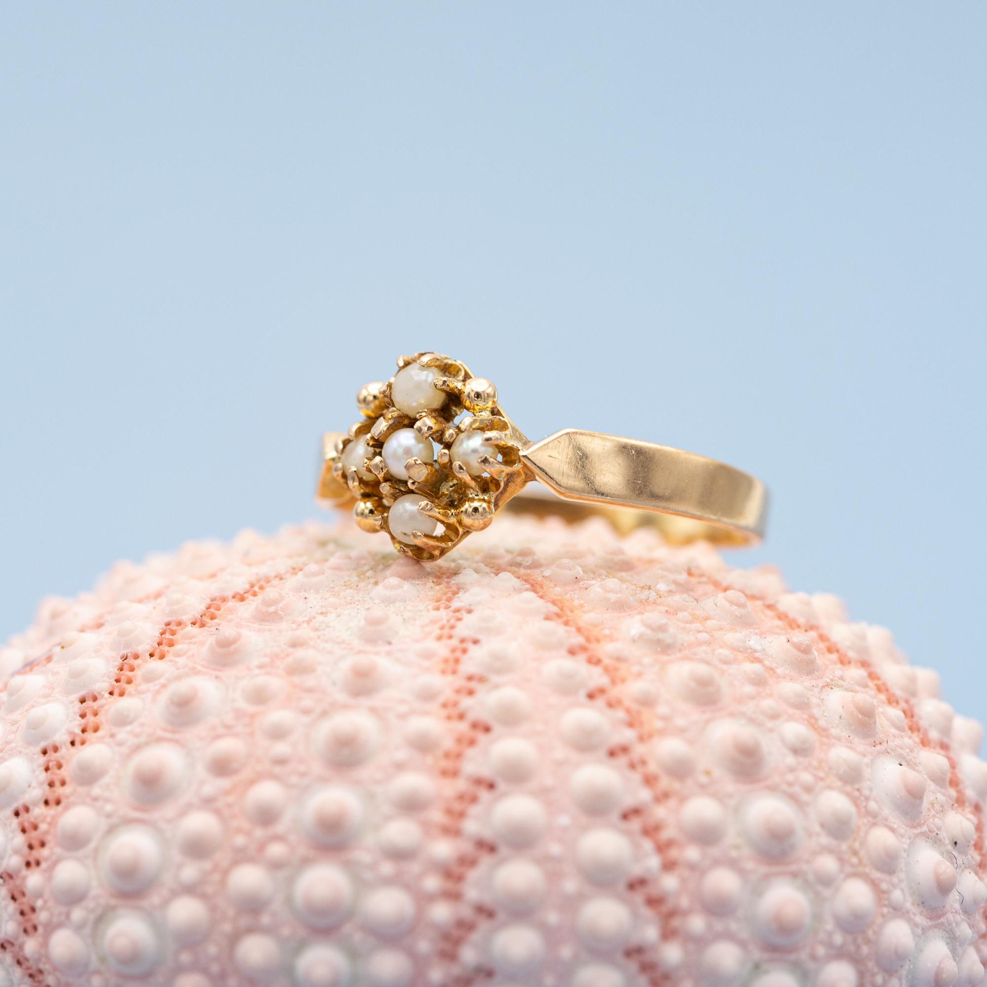 French 18k gold antique flower ring - Napoleon III - Victorian pearl jewel 1